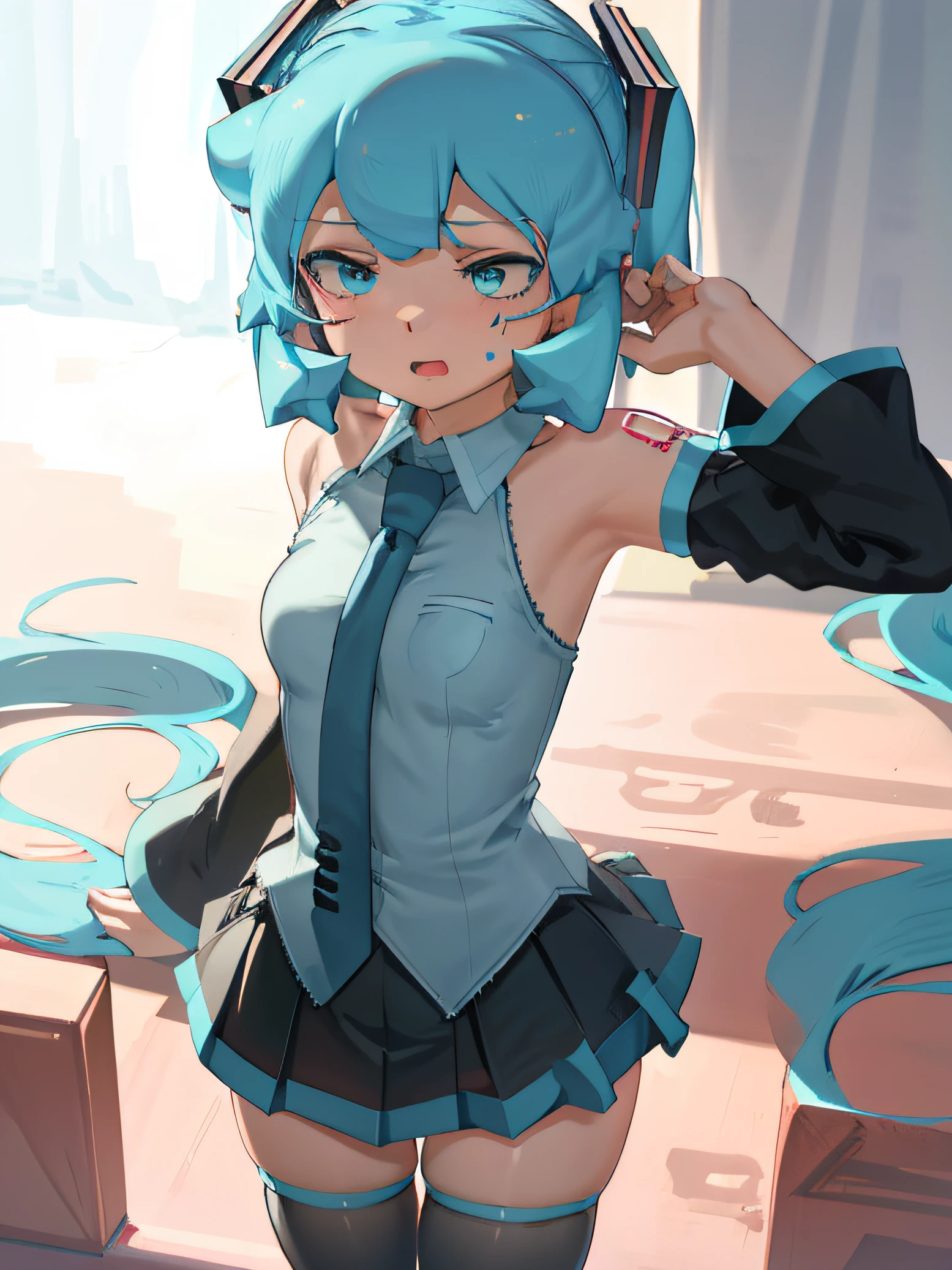 1fille, yeux aqua, cheveux aqua, Hatsune Miku, Chemise grise, manches détachées, Twintails, tatouage d&#39;épaule, cravate, cuissardes noires, jupe plissée