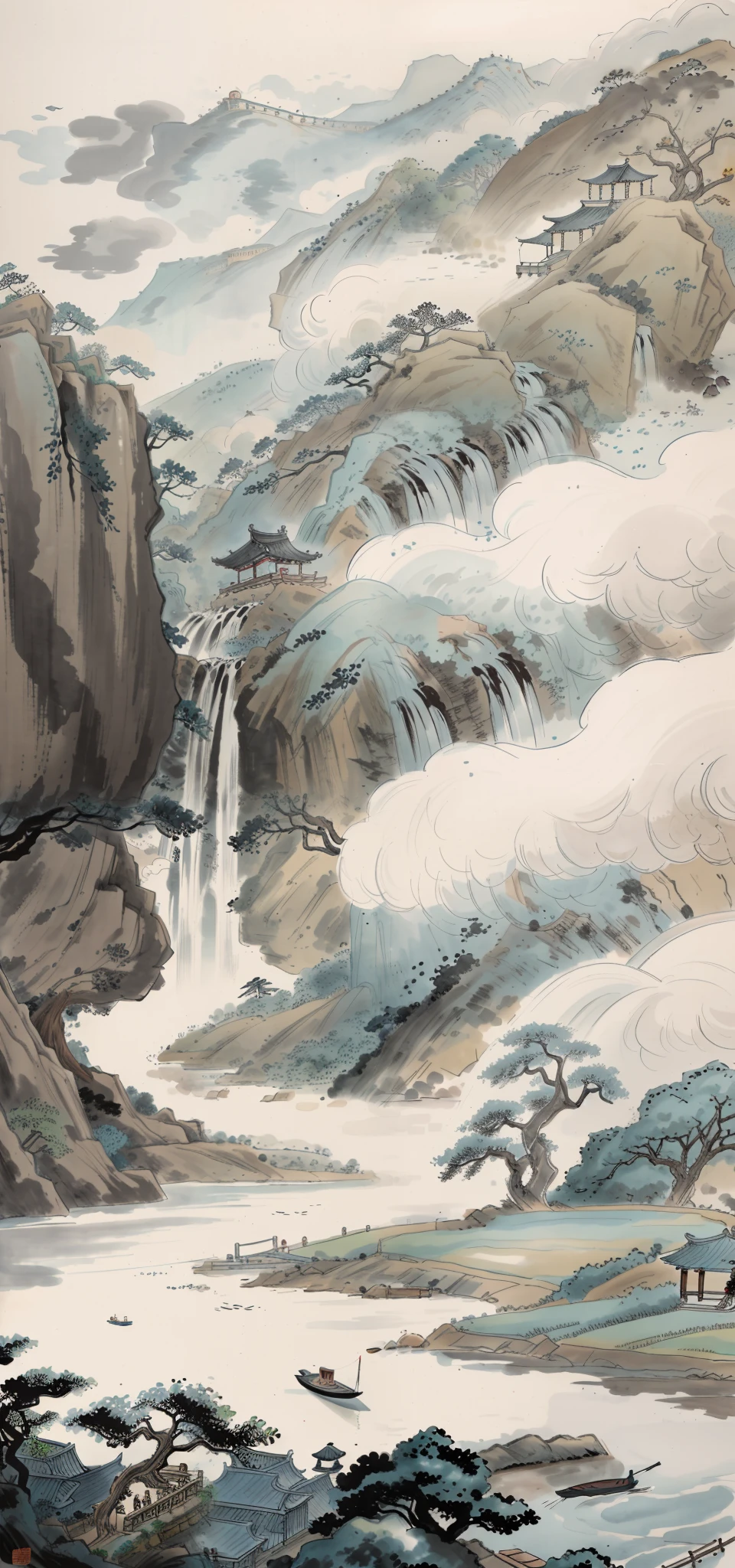 國畫墨水畫,一个女孩，一片寧靜（背景中的大樹，石瀑布，雜樹，流動的水,遠樹,雜草,小船,碼頭,天空空白的雲彩,五、六間農舍）