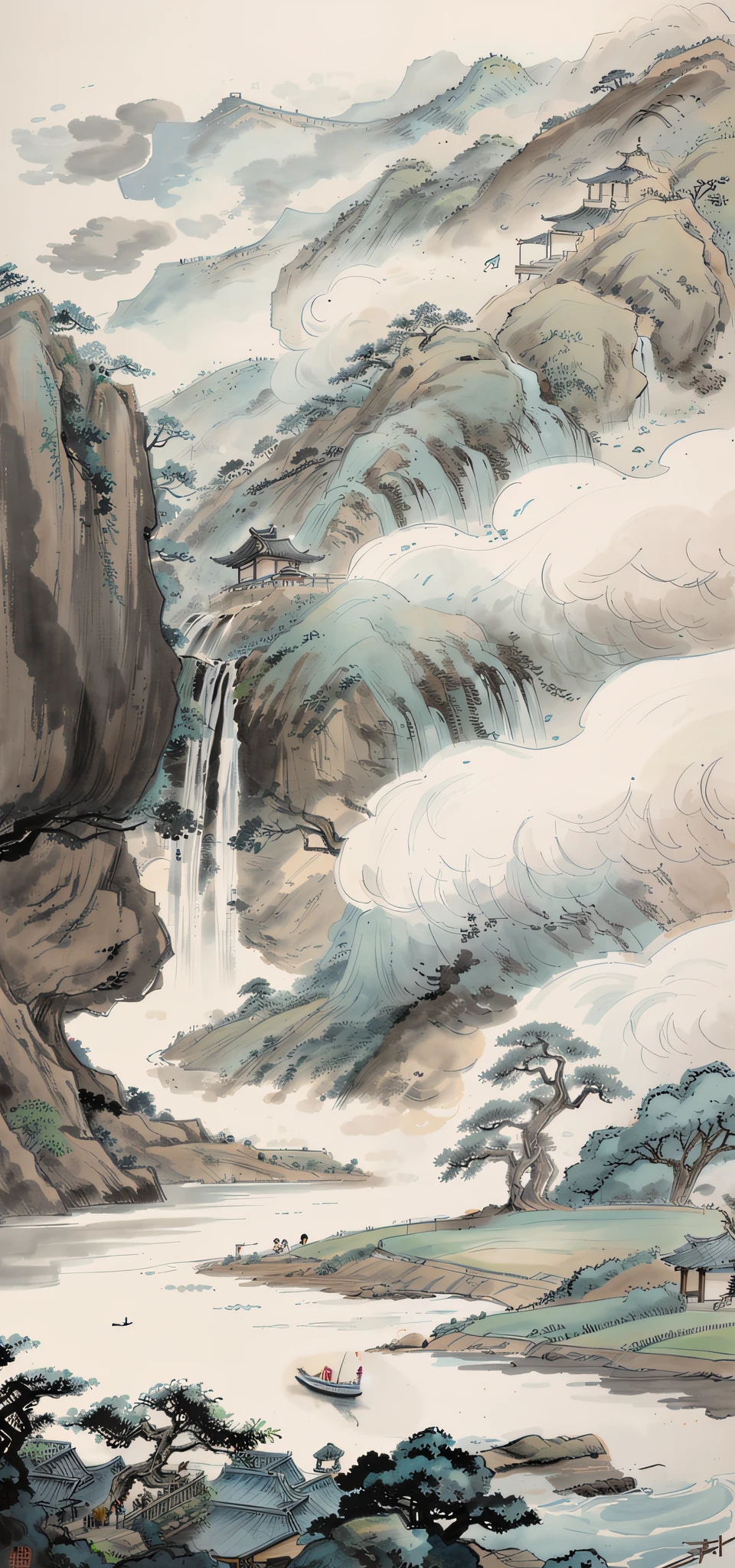 중국화의 수묵화,한 소녀，고요한（배경에 큰 나무，돌 폭포，기타 나무，흐르는 물,먼 나무,잡초,작은 보트,둑,하늘 빈 구름,5~6개의 농가）
