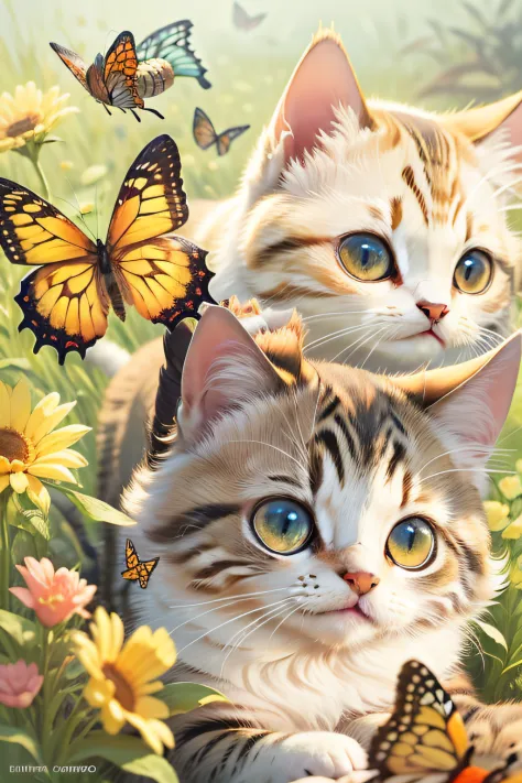 Design cat food packaging bags, The main picture shows three cute kittens playing with butterflies, One of the cats also caught butterflies with a net, There is dried fish that cats love to eat on the grass、Chicken and other foods, Blonde hair, Heart-shape...