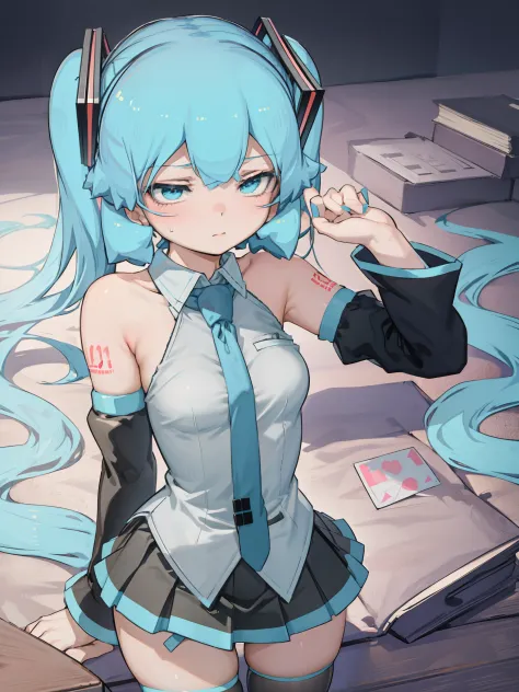 1girl, aqua eyes, aqua hair, hatsune miku, grey shirt, detached sleeves, twintails, shoulder tattoo, necktie, black thighhighs, ...