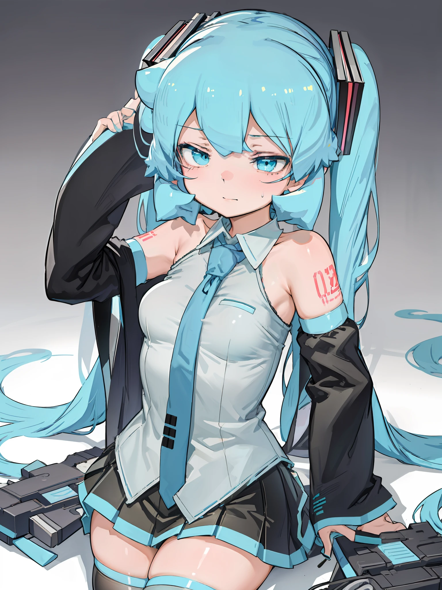 1fille, yeux aqua, cheveux aqua, Hatsune Miku, Chemise grise, manches détachées, Twintails, tatouage d&#39;épaule, cravate, cuissardes noires, jupe plissée