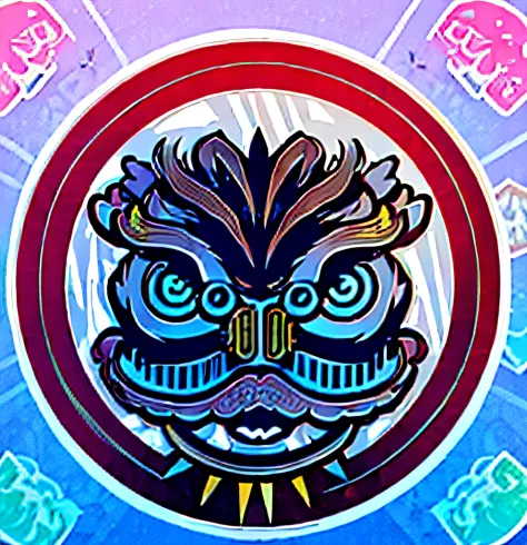 A close-up of a color picture of the face, anonymous lion face, symmetrical sticker design, third lion head, samurai mask, oni mask, Dragon face, Vector stickers, sticker design, 中 国 鬼 节,  Sticker design vector art, vectorial art, lion head
