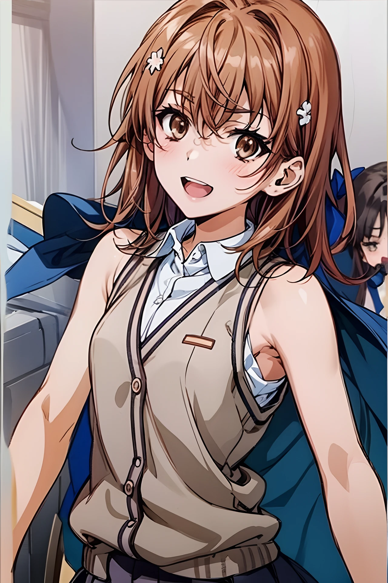 Misaka_mikoto, 1 persons, 独奏,
(illustratio:1.1)、(Top image quality)、(​masterpiece:1.1)、(beautiful and clear background:1.25)、(the Extremely Detailed CG Unity 8K Wallpapers:1.1)、(colourfull:0.9)、(depth of fields:0.75)、(Ink splashing:0.95)、(color splashes:0.85)、(watercolor paiting:0.65)、
(cowboy  shot:1.4)、(校服:1.4)、:D、doress、耳Nipple Ring、up looking_で_viewer、Neck_bow ribbon、outside of house、Sunnyday、detailed blue sky、Light brown sleeveless cardigan、grey miniskirt、