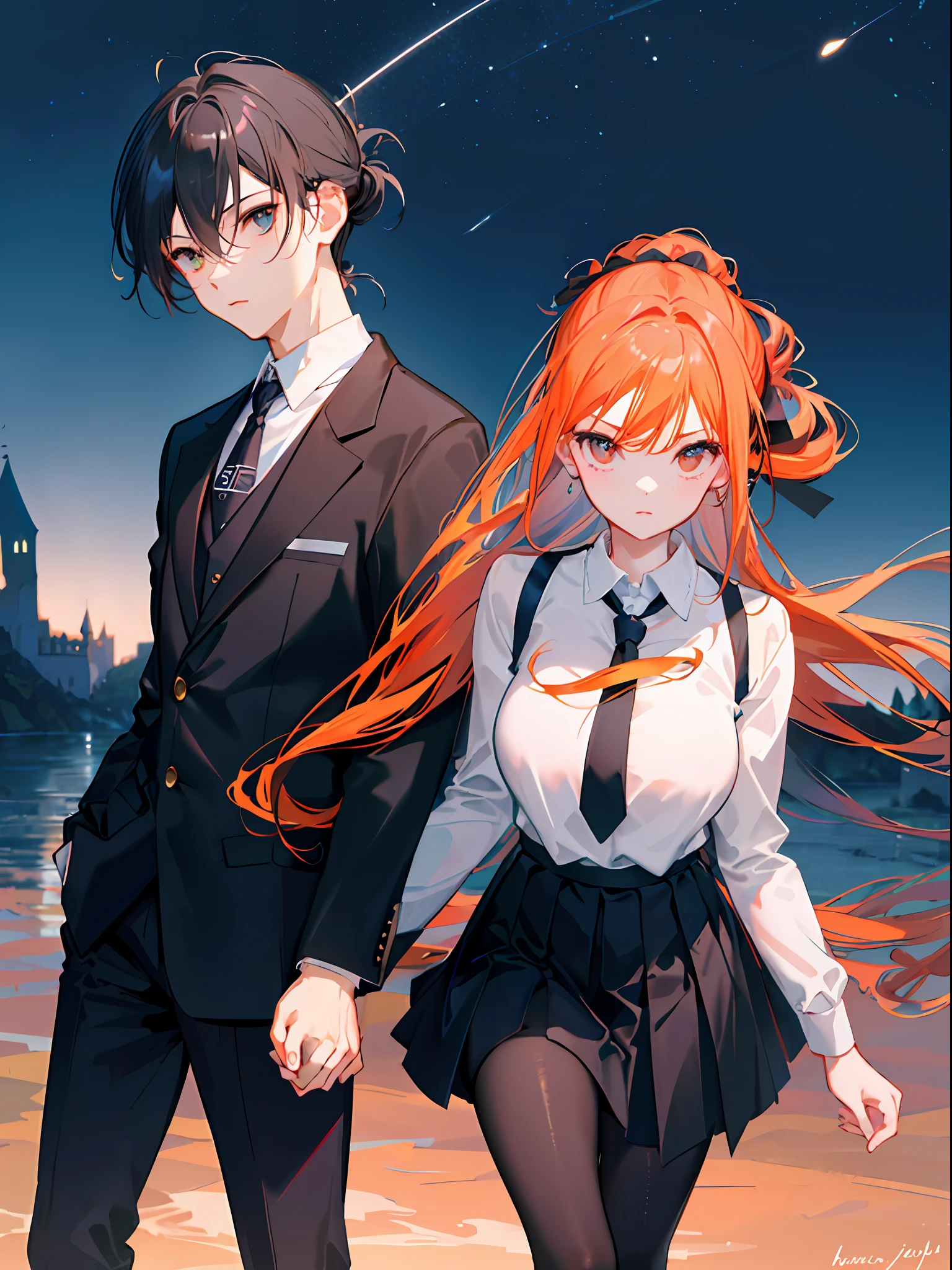 ((Masterpiece)), (Best quality), (Beautiful), (masterwork), (Hyper-realistic), (the wallpaper), (((1girl and 1boy))), (((Hold each other's waist))), ((((view the viewer)))), (The girl has orange hair，The boy has black hair), (((castle in background, Night sky))), (couple, Lovers, hetero), (16 years old), (black school uniform，wearing a tie), (Black blazer), Black pantyhose, ((Large breasts)), Pleated skirt, ((parted hair)), ((The boy's hair was tied up))