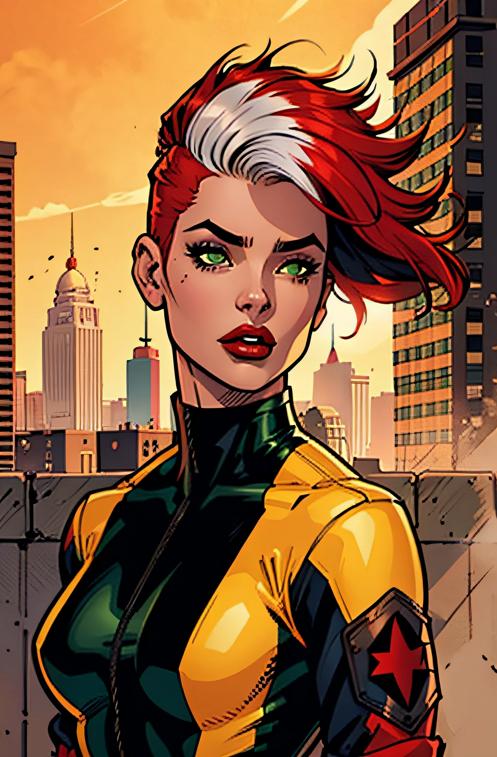 master part, best quality, 1girl, red lips, standing alone, bomber jacket, black eyes, green and yellow suit, short shaved hair, blackquality hair,  Auburn Cabelo, two-tone hair, ombre, Anna Lebeau, bangss, side-lighting, thin skin, portraite, Superheroine, best illustration, city background,