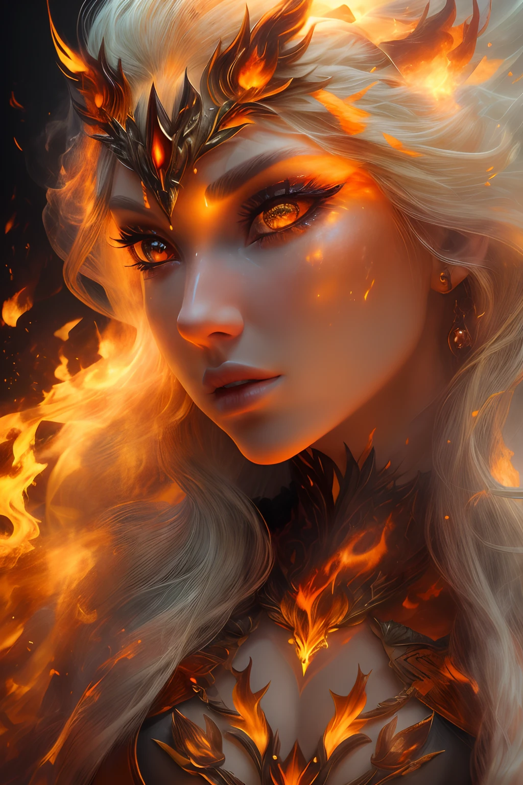 이것 (현실적인 판타지) 예술에는 불씨가 포함되어 있습니다, 진짜 불꽃, 진짜 열기, 그리고 realistic fire. Generate a masterpiece artwork of a  female fire druid ~와 함께 large (((orange 그리고 gold))) 눈. The fire druid is awe-inspiring ~와 함께 beautiful ((realistic fiery 눈)) alight ~와 함께 confidence 그리고 power. Her features are elegant 그리고 well defined, ~와 함께 ((부드러운)) 그리고 (((부푼))) 그리고 (((매끄러운))) 입술, 엘프 뼈 구조, 그리고 realistic shading. Her 눈 are important 그리고 should be the focal point of this artwork, ~와 함께 ((극도로 사실적인 디테일, 매크로 세부정보, 그리고 shimmer.)) She is wearing a billowing 그리고 glittering gown ((현실적인 불꽃으로 만들어진)) 그리고 jewels that glimmer in the fire light. Wisps of fire 그리고 smoke line the intricate bodice of the dress. 범프 포함, 돌, 불타는 무지개빛, 빛나는 불씨, silk 그리고 satin 그리고 leather, 흥미로운 배경, 그리고 heavy fantasy elements. 카메라: 역동적인 구성 기법을 활용하여 사실적인 불꽃 강화.