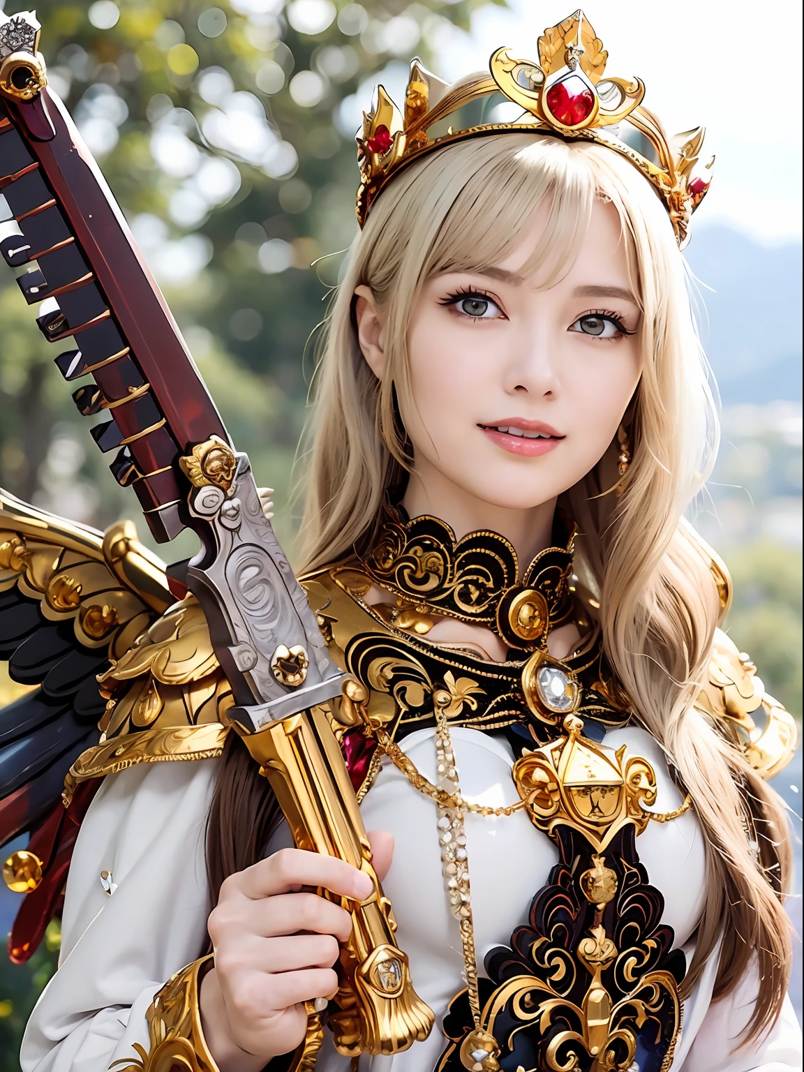 (masutepiece), Professional , ​masterpiece、top-quality、photos realistic , depth of fields （Gemstone Silver Metal Body:1.９),(Matte White、Particles of light、Jewel Gold Weapon（Jewel Metal Body:1.４),Gorgeous metal weapons,(Detailed and realistic angel white wings) , Detailed Sword of the Brave , Beautiful knife   ,warhammer 40k , adepta sororitas,Detail and ornate jewel crown、Black hair、Gangle's forest background、Beautiful Caucasian beauty、１a person、dynamic ungle,(((Detailed and ornate diamond crown)))、Smaller head、A smile、sexypose、（Gorgeous castle background）、