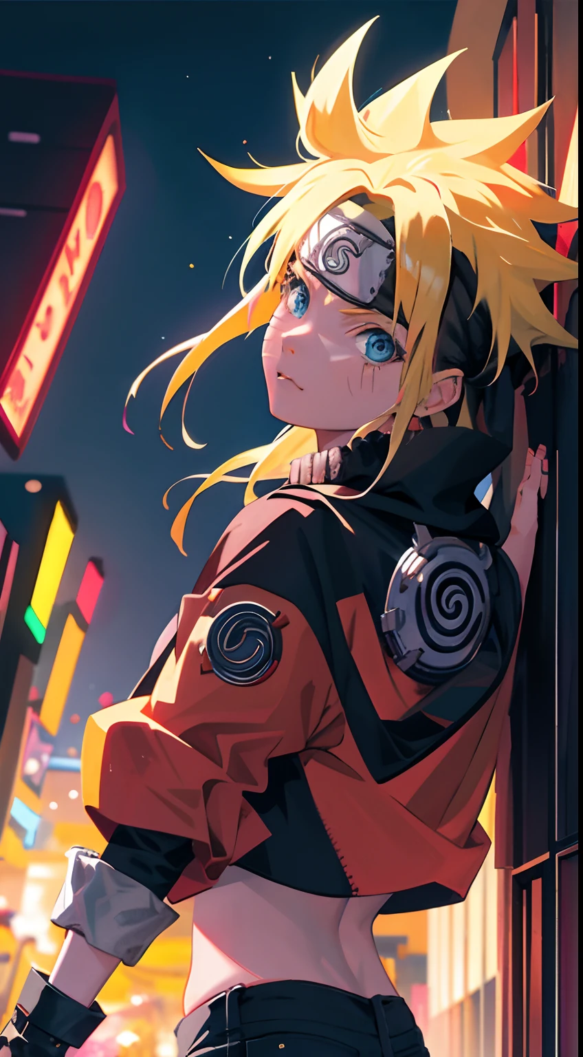 teens girl、Portrait, neons, 1 girl, shoujo-style, spiky blonde hair, Wounds on the cheeks, Black and red clothes, Leather jacket, jeans, long boots, Bandana with leaf symbol, Perfect eyes, Cute, Blue eyes, Full body, Color - Name Naruto Uzumaki - night background city with futuristic buildings and holograms