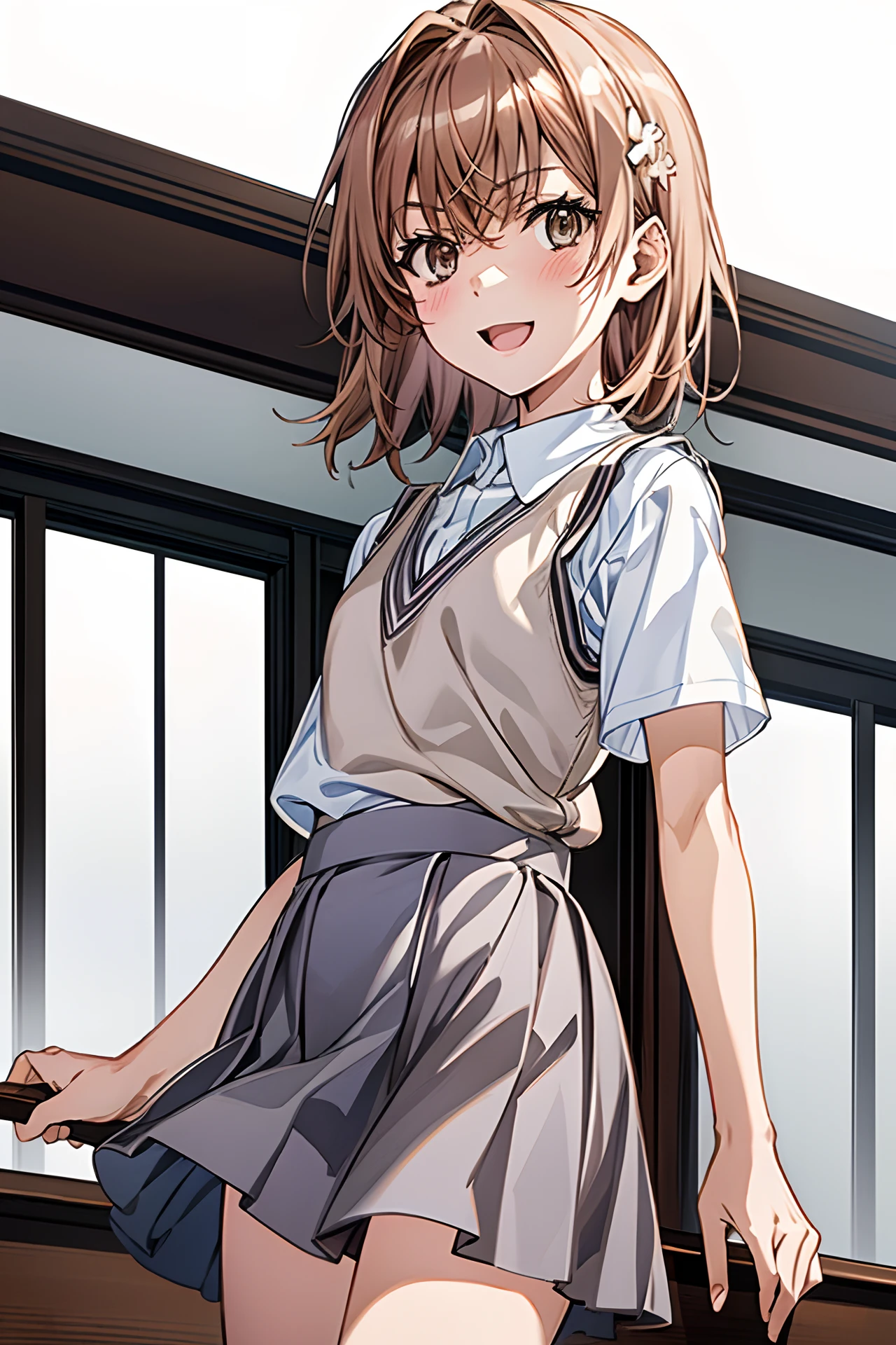 Misaka_mikoto, 1 persons, 独奏,
(illustratio:1.1)、(Top image quality)、(​masterpiece:1.1)、(beautiful and clear background:1.25)、(the Extremely Detailed CG Unity 8K Wallpapers:1.1)、(colourfull:0.9)、(depth of fields:0.75)、(Ink splashing:0.95)、(color splashes:0.85)、(watercolor paiting:0.65)、
(cowboy  shot:1.4)、(校服:1.4)、:D、耳Nipple Ring、up looking_で_viewer、outside of house、Sunnyday、detailed blue sky、((grey miniskirt))、(White shirt with short sleeves)、Light Brown Sleeveless Cardigan、