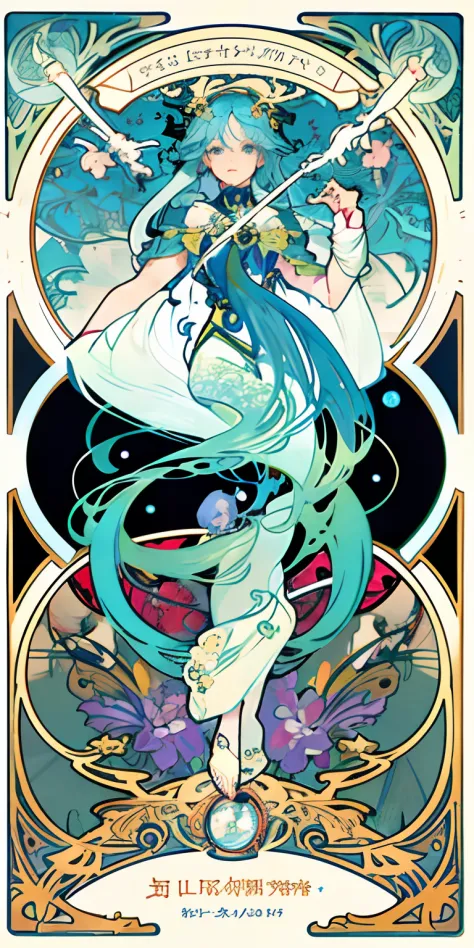 masutepiece, Superior Quality, Adult, tarot, lightblue hair、twintails hairstyle、bard, Court Fool, Symbolism, Visual Arts, occult, Universal, Vision casting, Philosophy, Iconography, Numerology, Popularity, Artistically, Alphonse Mucha