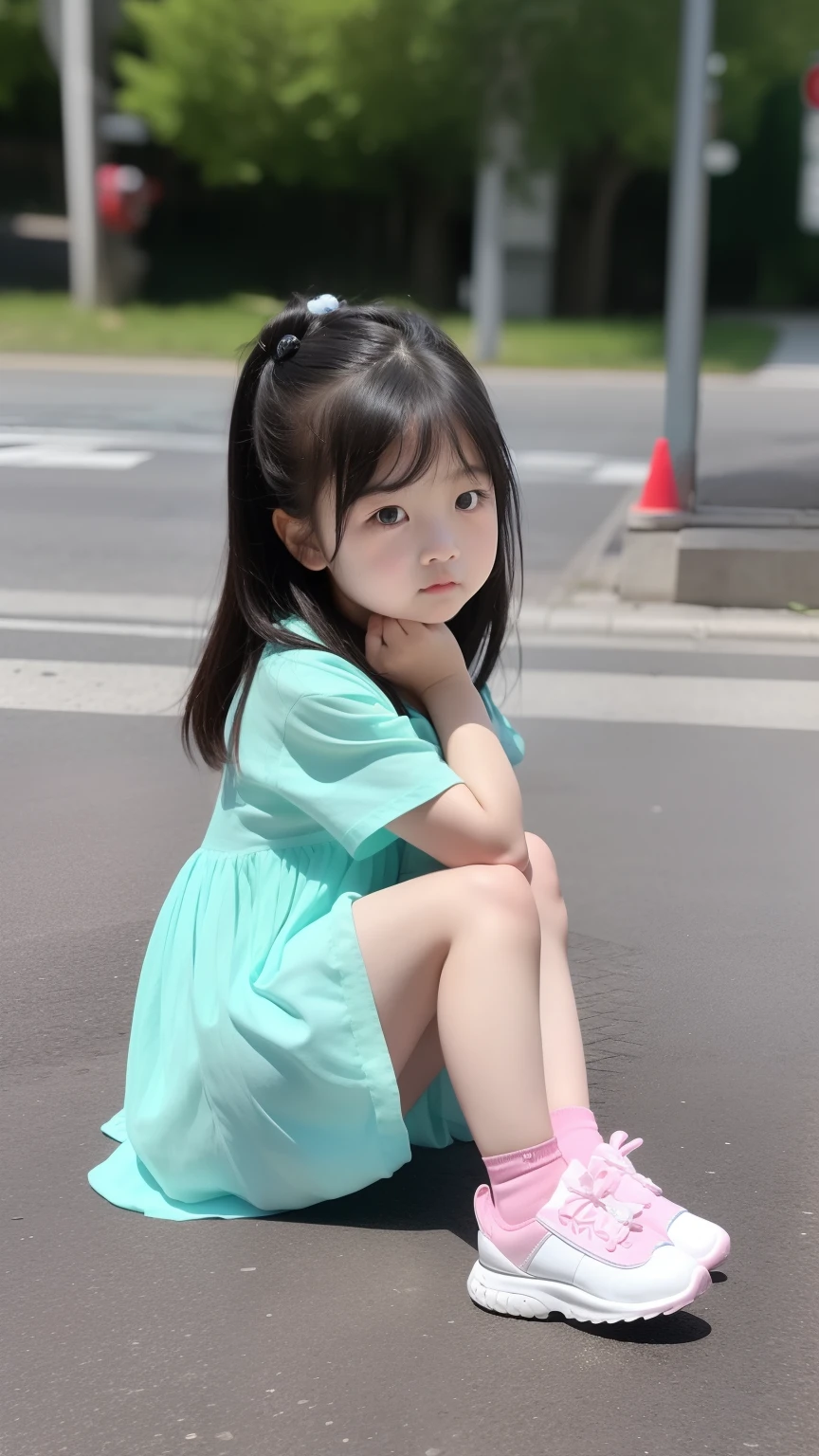 Il y a une petite fille assise sur un ballon dans la rue, Chinoise, Jeune fille asiatique, Mignon jeune fille, jeune fille, elle a une expression lointaine, Mignon , jeune visage coréen adorable, jeune enfant, young Mignon wan asian face, porter une magnifique robe, Joli visage Sharp Chine, she has a Mignon face, Chine yeux bleus