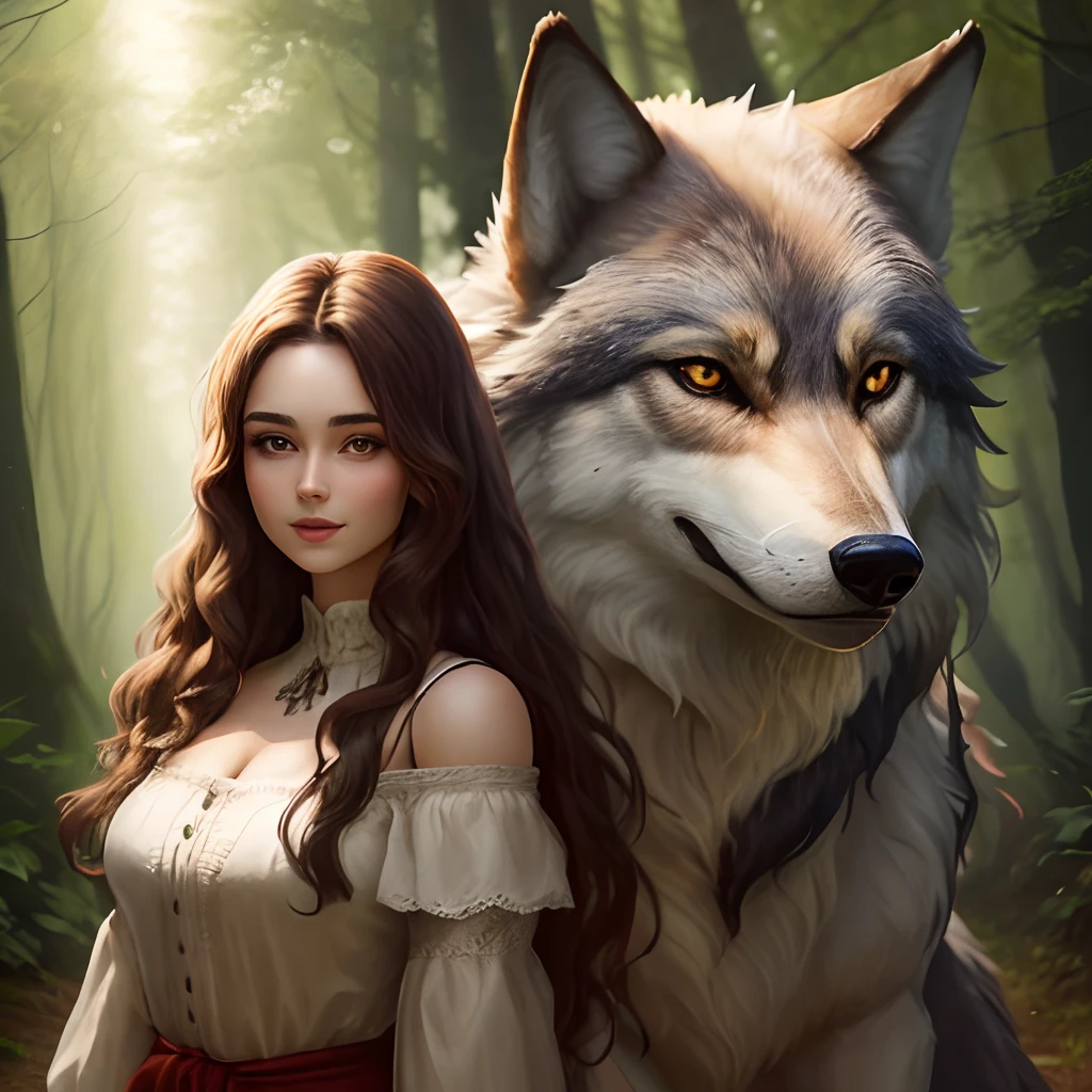 Beautiful woman with long brown hair next to an adult wolf in a magical forest