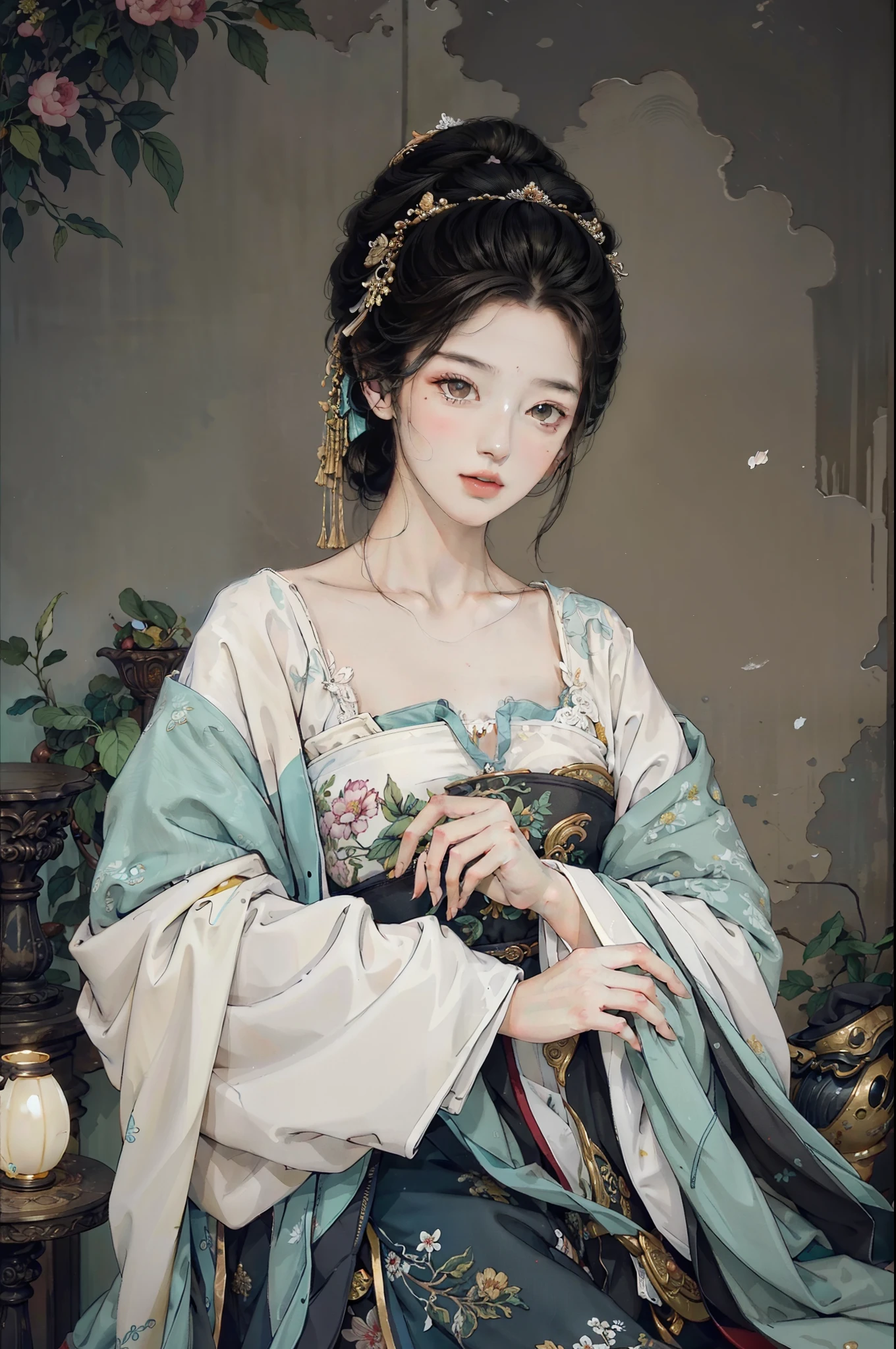 （tmasterpiece，Best quality at best，Beautiful quality，Photorealsitic，looking at viewert，Detailed lighting，Extremely detailed skin，Extremely detailed hair，Extremely detailed teeth，shadowing，8K：1.2），（photograph of a woman，1girll：1.2），one-girl，18yr old，Tsing Yi，elegant，ink and watercolor painting，Meticulous，