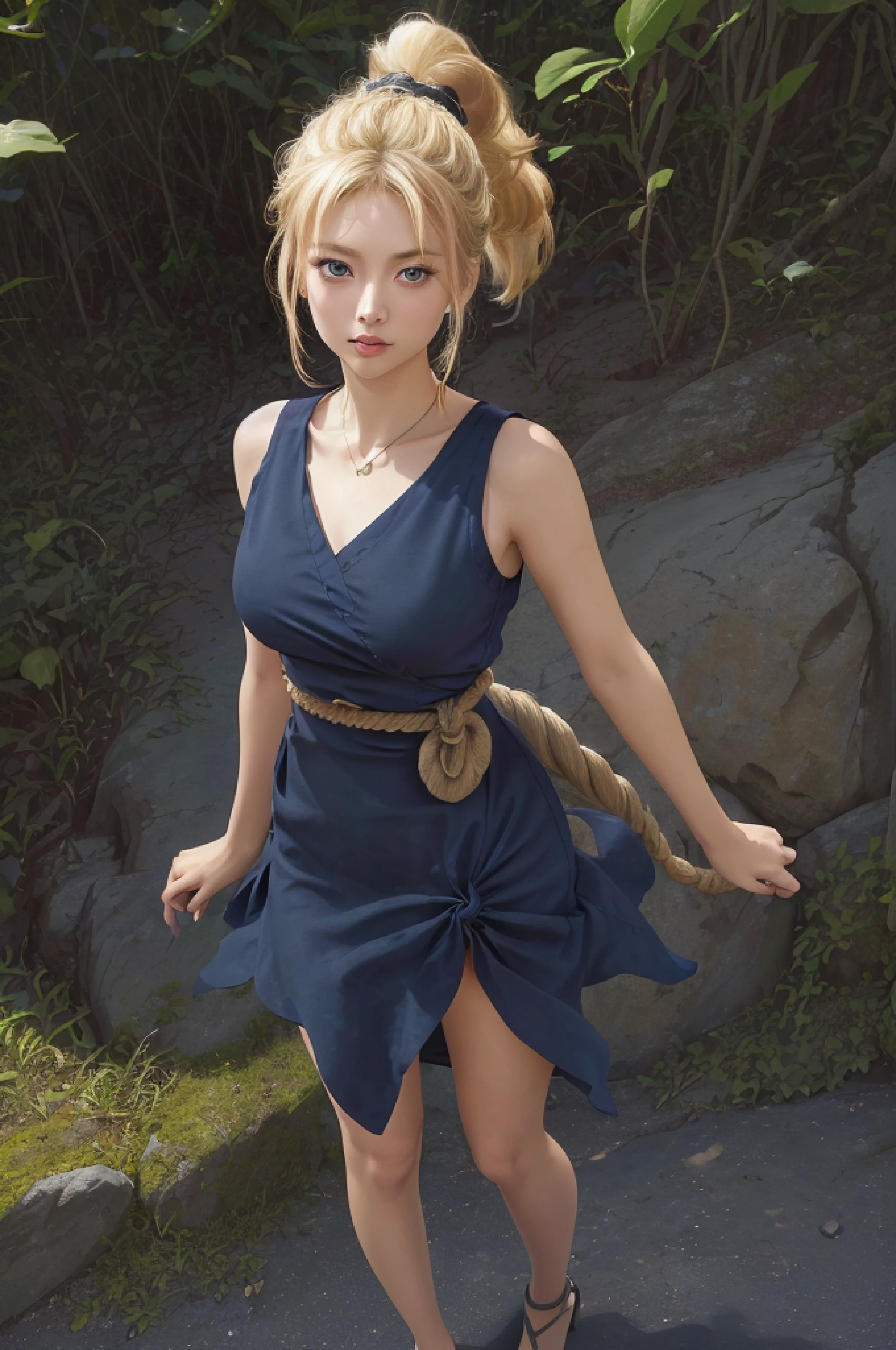 8k, raw camera, highres, detailed, masterpiece, portrait, photorealistic, hyperrealist, aesthetic, beautiful, best quality, highly detaile, best quality clothing, aesthetic clothings, professional angle, rule of thirds, Feminine, delicate, beautiful, 19 years, attractive Japanese, (solo), 1 girl, (Kohaku), (In Jungle), ((Full Body)), ((From Front) Shallow Depth of Field), Prehistoric World, ((Normal Mood)), (Medium Lenght Hair, Blonde Hair), (Pulled Back Hair, Pointed PonyTail Hair, Twin Locks on the Sides, Rope in Hair, Straight Hair), ((-)), (Blue Eyes, Open Eyes, Cheerful Gaze), (Blushed, Arms Down, Hands Down), ((Standing), Mouth Closed), -, -, (Average Bust), ((Navy Blue Short Dress, Rope Belt, Knot in Front)), (Semi-Ripped Dress, Sewn Dress, -), (SleeveLess, V-Neckline), beautiful body, beautiful eyes, shiny eyes, shiny hair, beautiful mouth, beautiful lips, beautiful skin, beautiful face