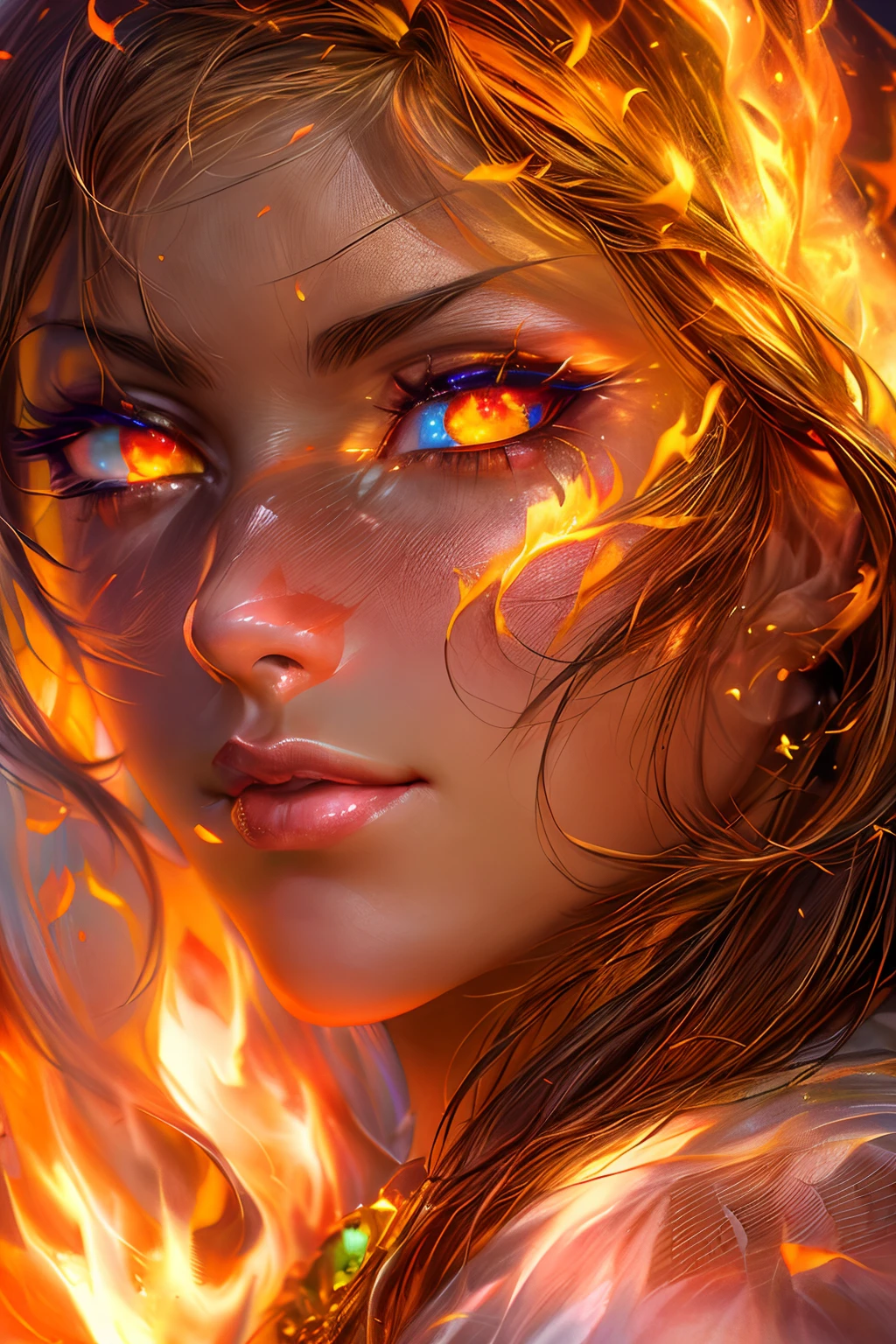这 (现实的幻想) 艺术包含余烬, 真正的火焰, 真正的热量, 和 realistic fire. Generate a masterpiece artwork of a  female fire druid 和 large (((orange 和 gold))) 眼睛. The fire druid is awe-inspiring 和 beautiful ((realistic fiery 眼睛)) alight 和 confidence 和 power. Her features are elegant 和 well defined, 和 ((柔软的)) 和 (((蓬松))) 和 (((光滑的))) 嘴唇, 精灵骨骼结构, 和 realistic shading. Her 眼睛 are important 和 should be the focal point of this artwork, 和 ((极其逼真的细节, 宏详细信息, 和 shimmer.)) She is wearing a billowing 和 glittering gown ((由逼真的火焰制成)) 和 jewels that glimmer in the fire light. Wisps of fire 和 smoke line the intricate bodice of the dress. 包括颠簸, 石头, 火红的彩虹色, 发光的余烬, silk 和 satin 和 leather, 有趣的背景, 和 heavy fantasy elements. 相机: 利用动态构图技术来增强火焰的真实感.