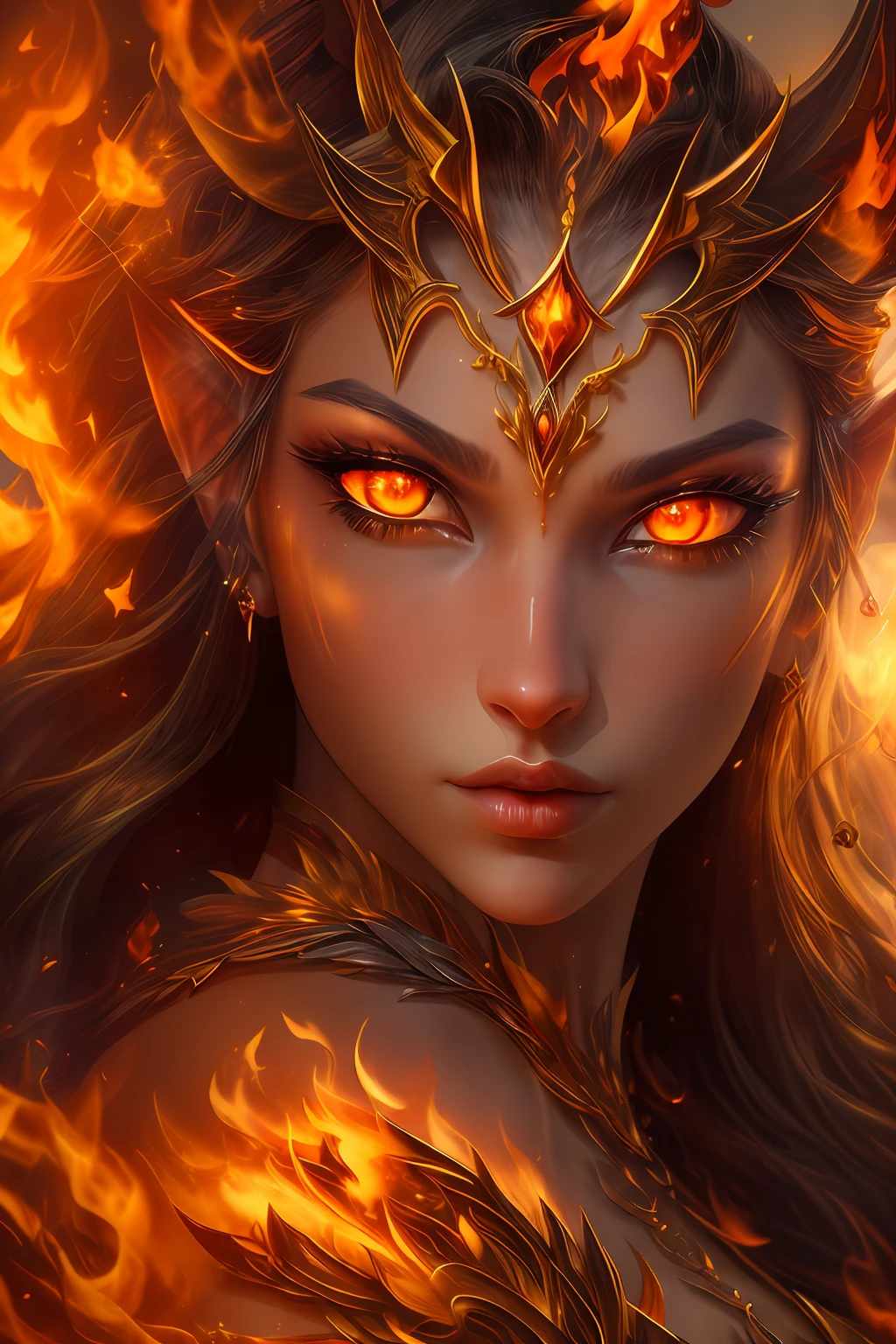 This (realistic fantasy) art contains embers, real flames, real heat, and realistic fire. Generate a masterpiece artwork of a  female fire druid with large (((orange and gold))) eyes. The fire druid is awe-inspiring with beautiful ((realistic fiery eyes)) alight with confidence and power. Her features are elegant and well defined, with ((soft)) and (((puffy))) and (((smooth))) lips, elven bone structure, and realistic shading. Her eyes are important and should be the focal point of this artwork, with ((extremely realistic details, macro details, and shimmer.)) She is wearing a billowing and glittering gown ((made of realistic flames)) and jewels that glimmer in the fire light. Wisps of fire and smoke line the intricate bodice of the dress. Include bumps, stones, fiery iridescence, glowing embers, silk and satin and leather, an interesting background, and heavy fantasy elements. Camera: Utilize dynamic composition techniques to enhance the realistic flames.