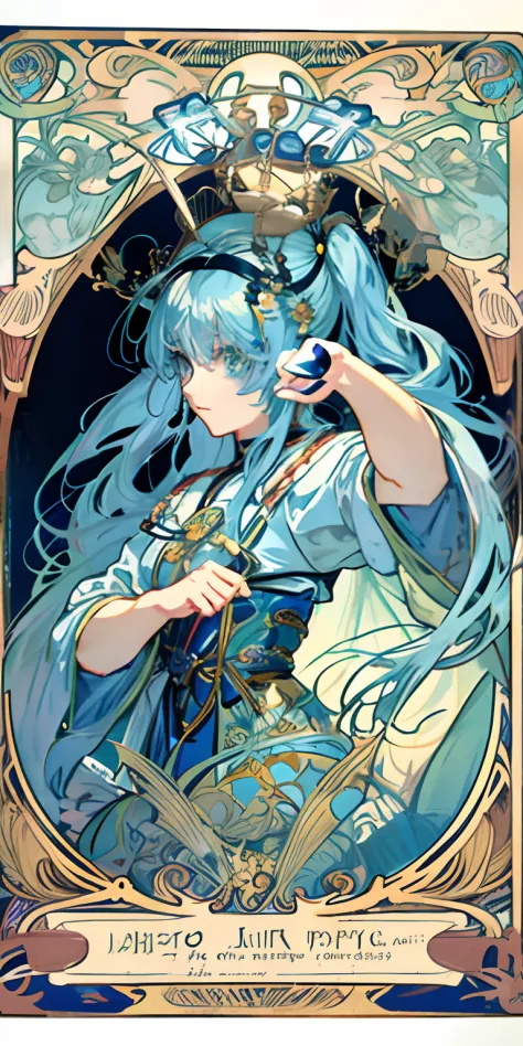 masutepiece, Superior Quality, Adult, tarot, lightblue hair、twintails hairstyle、bard, Court Fool, Symbolism, Visual Arts, occult, Universal, Vision casting, Philosophy, Iconography, Numerology, Popularity, Artistically, Alphonse Mucha