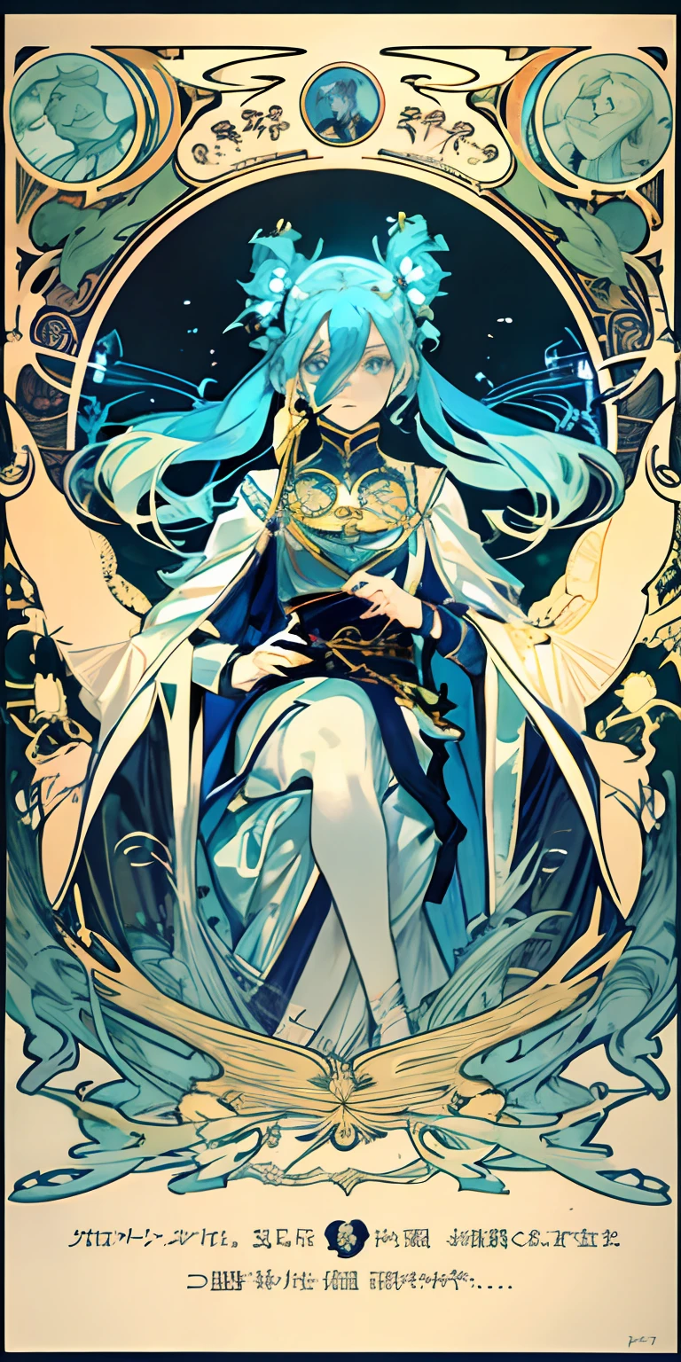 masutepiece, Superior Quality, Adult, tarot, lightblue hair、twintails hairstyle、bard, Court Fool, Symbolism, Visual Arts, occult, Universal, Vision casting, Philosophy, Iconography, Numerology, Popularity, Artistically, Alphonse Mucha