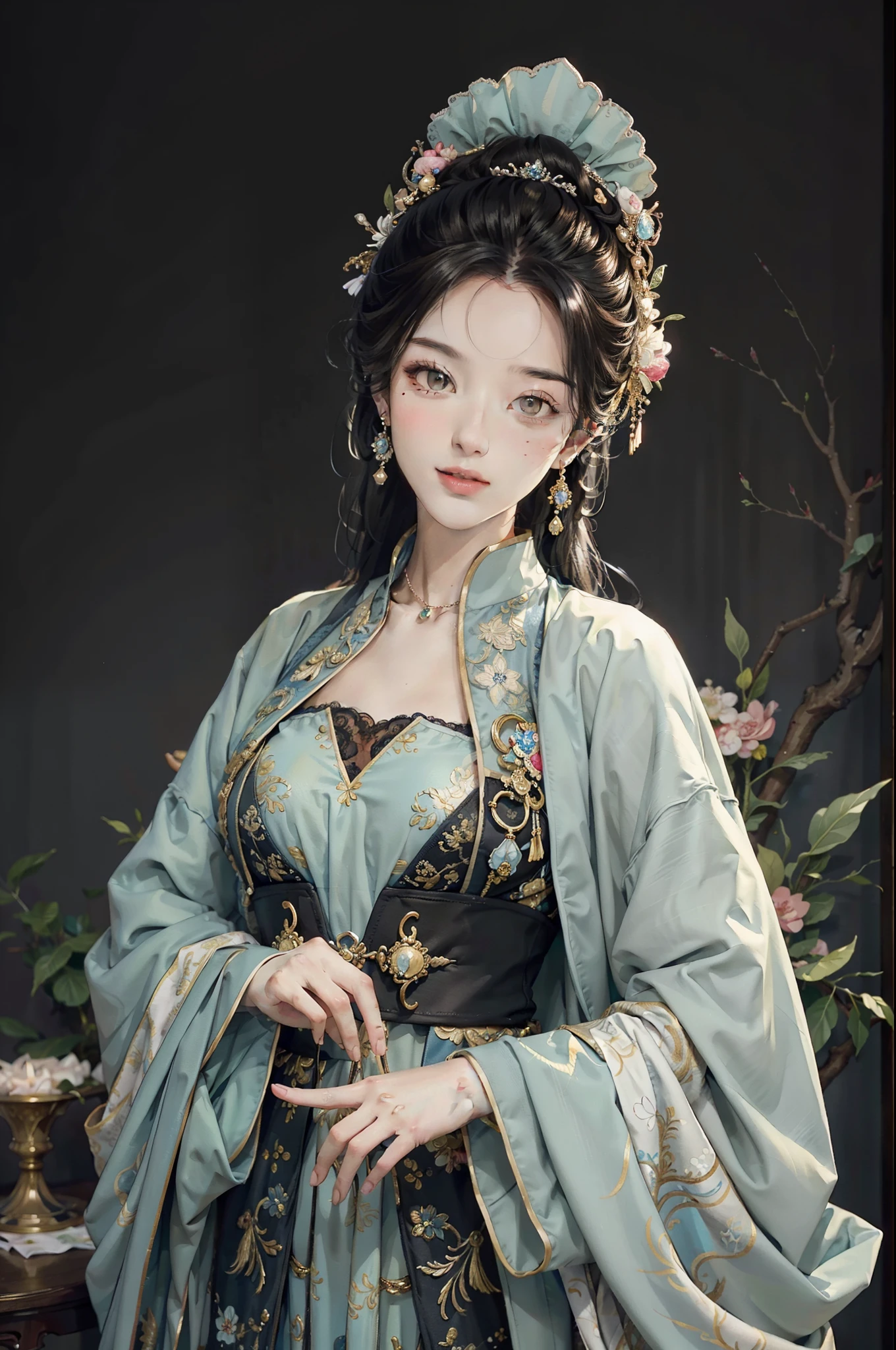 （tmasterpiece，Best quality at best，Beautiful quality，Photorealsitic，looking at viewert，Detailed lighting，Extremely detailed skin，Extremely detailed hair，Extremely detailed teeth，shadowing，8K：1.2），（photograph of a woman，1girll：1.2），one-girl，18yr old，Tsing Yi，elegant，ink and watercolor painting，Meticulous，