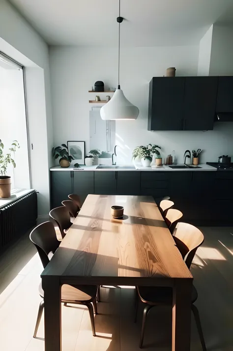 there is a large wooden table，there are chairs around, modernsimplicity, minimal modern, minimalistic and beautiful, modern mini...