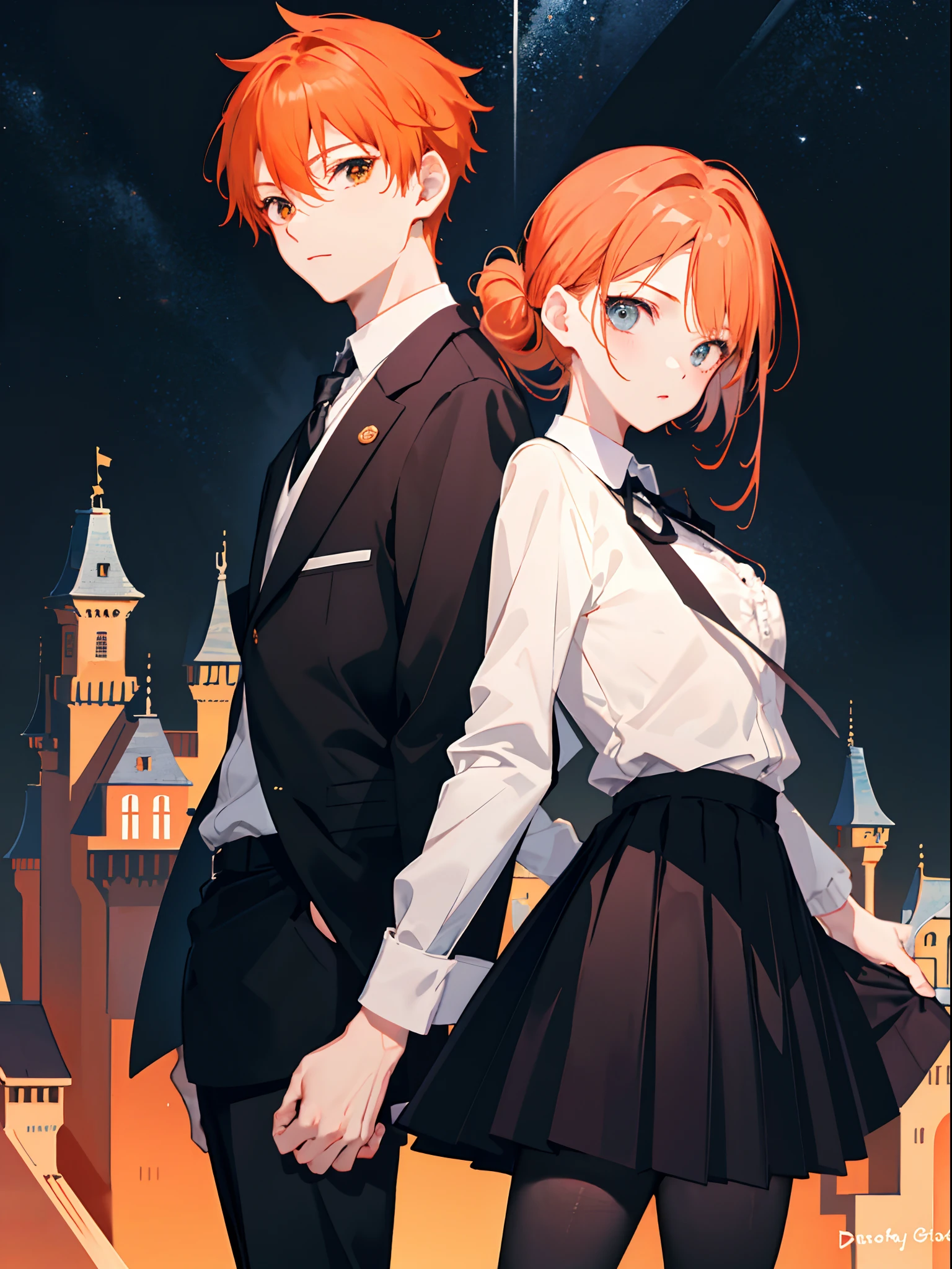 ((Masterpiece)), (Best quality), (Beautiful), (masterwork), (Hyper-realistic), (the wallpaper), (((1girl and 1boy))), (((Hold each other's waist))), ((((view the viewer)))), (The girl has orange hair，The boy has black hair), (((background castle, Night sky))), (couple, Lovers, hetero), (16 years old), (Black school uniform，wearing a tie), (Black blazer), Black pantyhose, ((Large breasts)), Pleated skirt, ((parted hair)), ((The boy's hair was tied up))