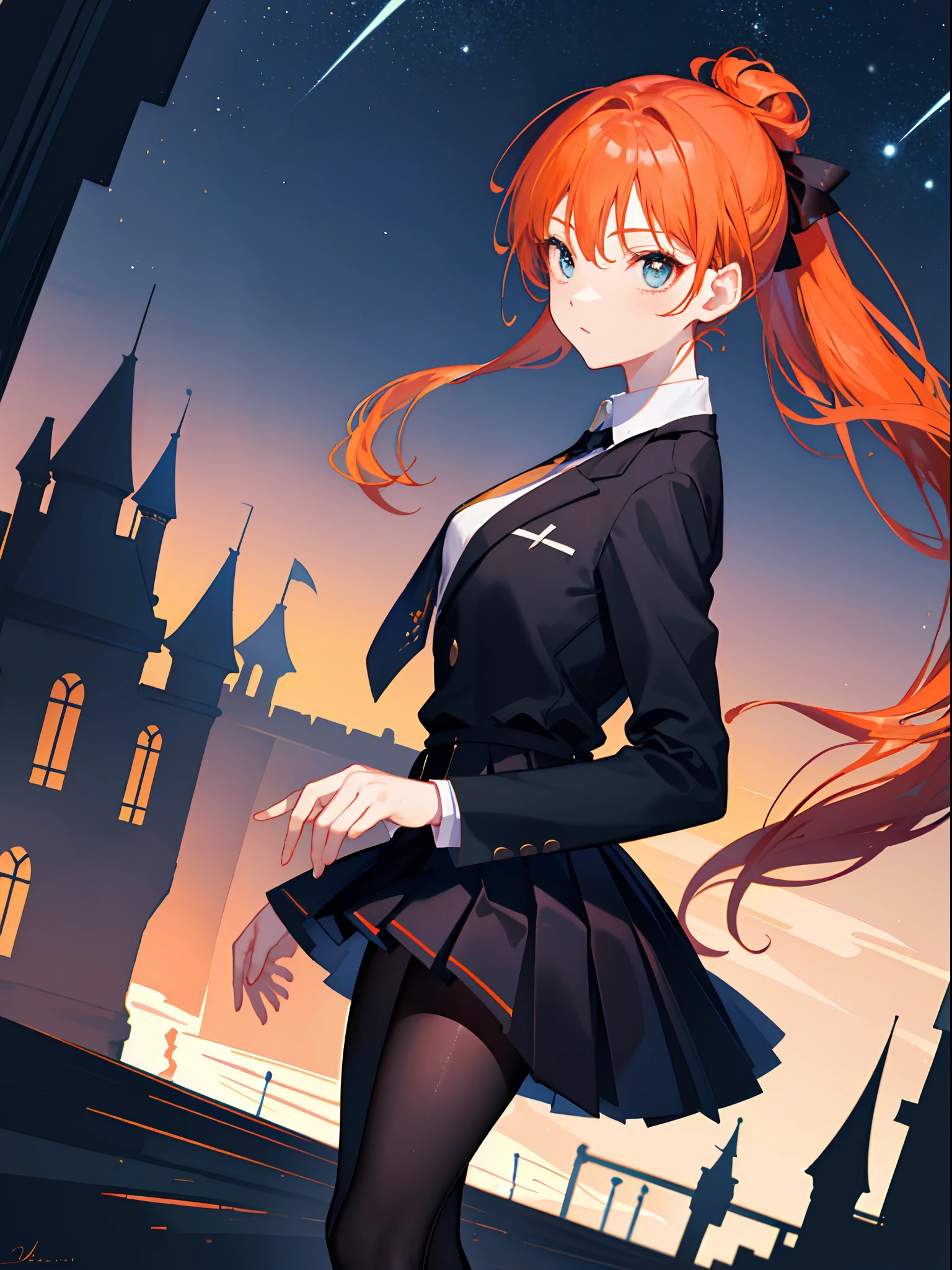 ((Masterpiece)), (Best quality), (Beautiful), (masterwork), (Hyper-realistic), (the wallpaper), (((1girl and 1boy))), (((Hold each other's waist))), ((((view the viewer)))), (The girl has orange hair，The boy has black hair), (((background castle, Night sky))), (couple, Lovers, hetero), (16 years old), (Black school uniform，wearing a tie), (Black blazer), Black pantyhose, ((Large breasts)), Pleated skirt, ((parted hair)), ((The boy's hair was tied up))