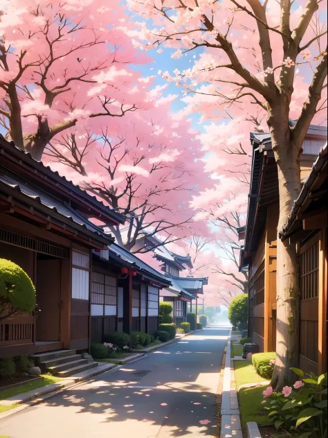 japanese street scenes and cherry blossoms， ancient japanese landscape paintings and historical scenes