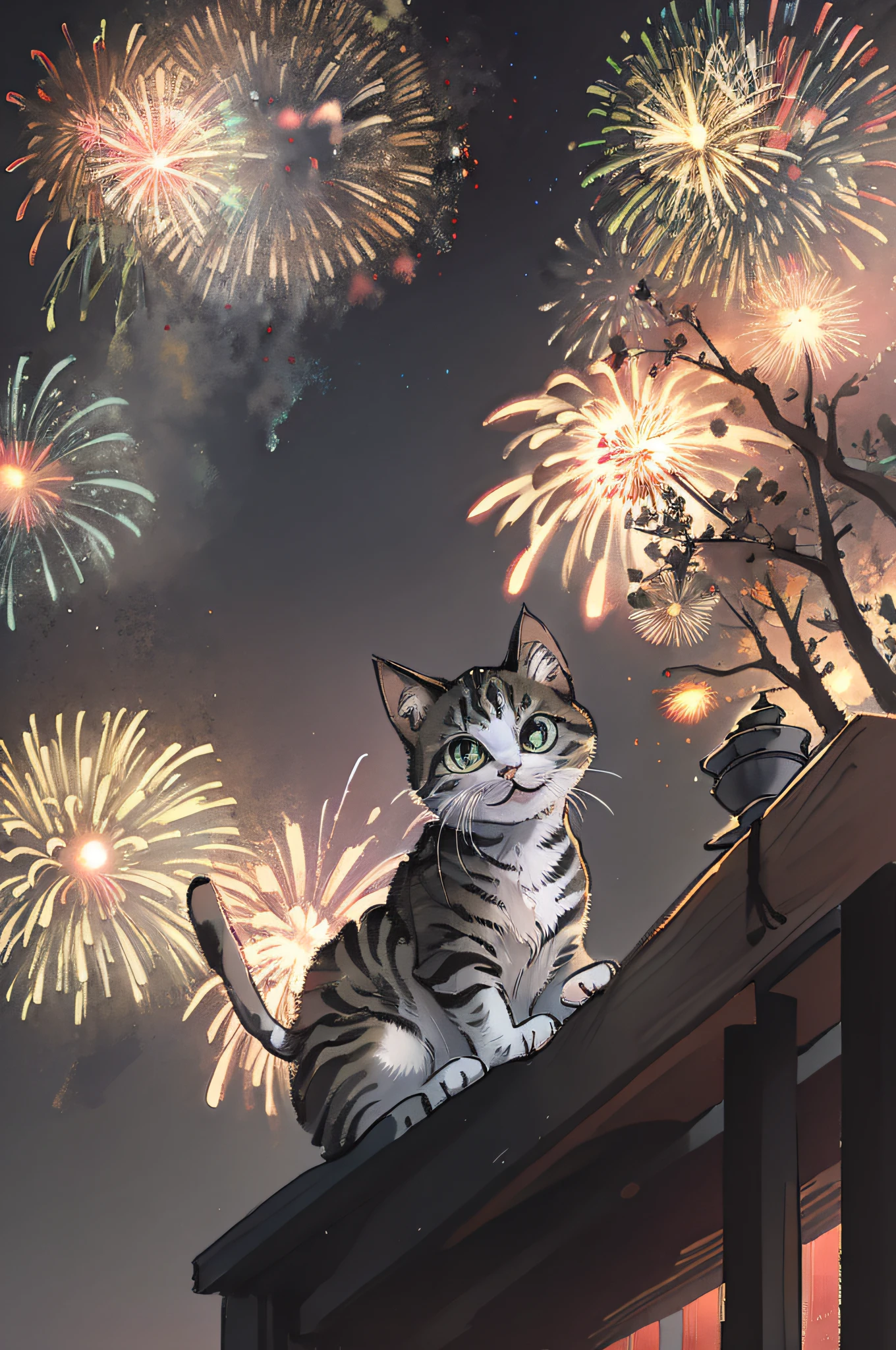 Feuerwerk im Hintergrund、1 kitten