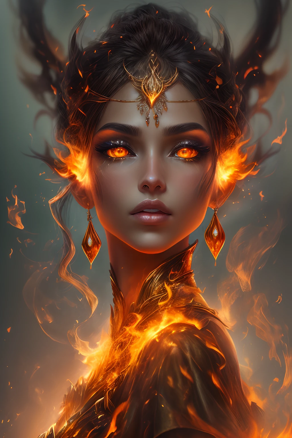 這 (現實幻想) 藝術包含餘燼, 真正的火焰, 真正的熱量, 和 realistic fire. Generate a masterpiece artwork of a  female fire druid 和 large (((orange 和 gold))) 眼睛. The fire druid is awe-inspiring 和 beautiful ((realistic fiery 眼睛)) alight 和 confidence 和 power. Her features are elegant 和 well defined, 和 ((柔軟的)) 和 (((蓬松))) 和 (((光滑的))) 嘴唇, 精靈骨骼結構, 和 realistic shading. Her 眼睛 are important 和 should be the focal point of this artwork, 和 ((極為真實的細節, 宏觀細節, 和 shimmer.)) She is wearing a billowing 和 glittering gown ((由逼真的火焰製成)) 和 jewels that glimmer in the fire light. Wisps of fire 和 smoke line the intricate bodice of the dress. 包括凹凸, 石头, 火紅的虹彩, 發光的餘燼, silk 和 satin 和 leather, 有趣的背景, 和 heavy fantasy elements. 相机: 利用動態構圖技術增強真實的火焰.