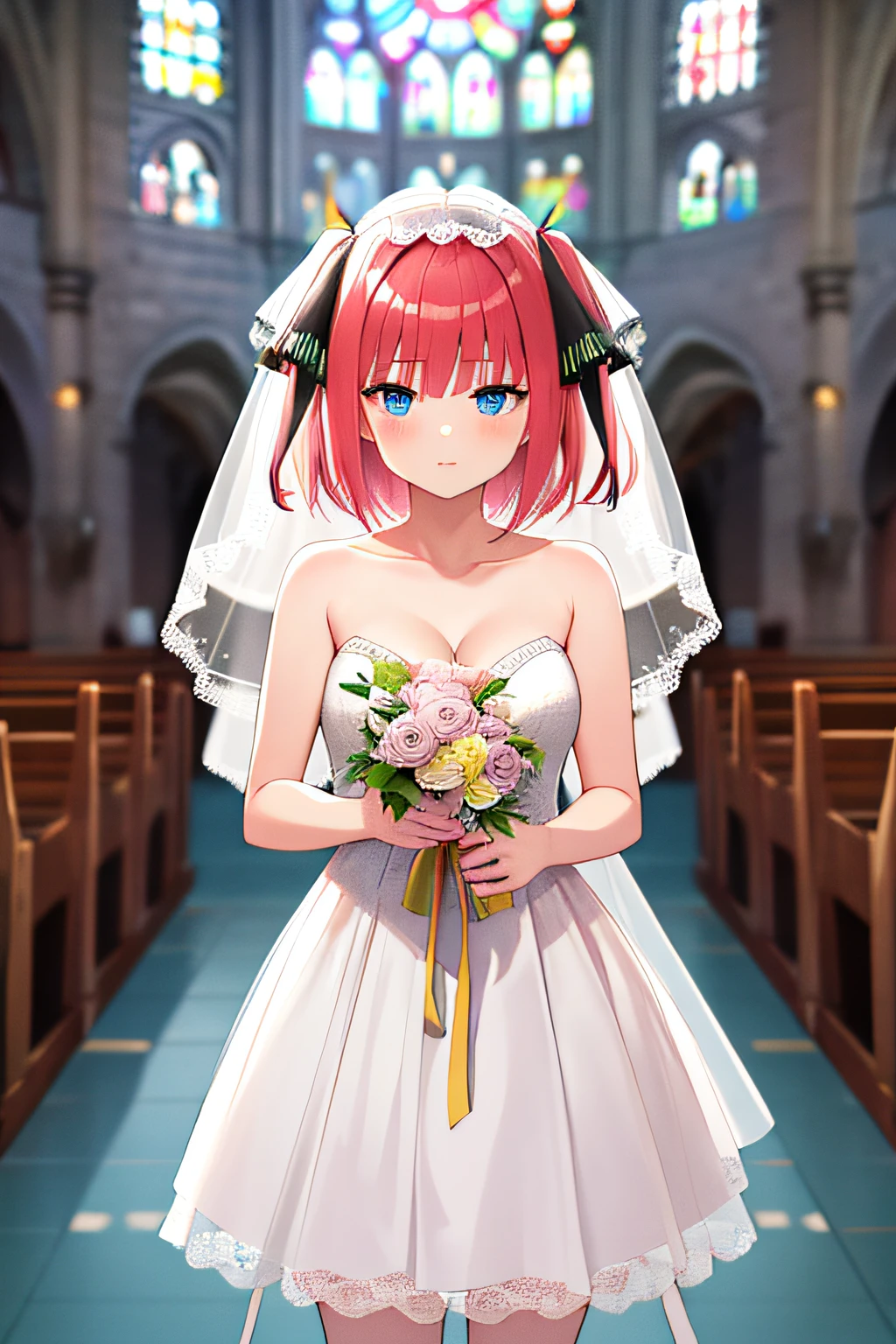 masterpiece, best quality, highres, nn1, 1girl, hair ribbon, short hair, wedding dress, mini dress, wedding_veil, cleavage, bouquet,  church, cowboy shot, looking at viewer,