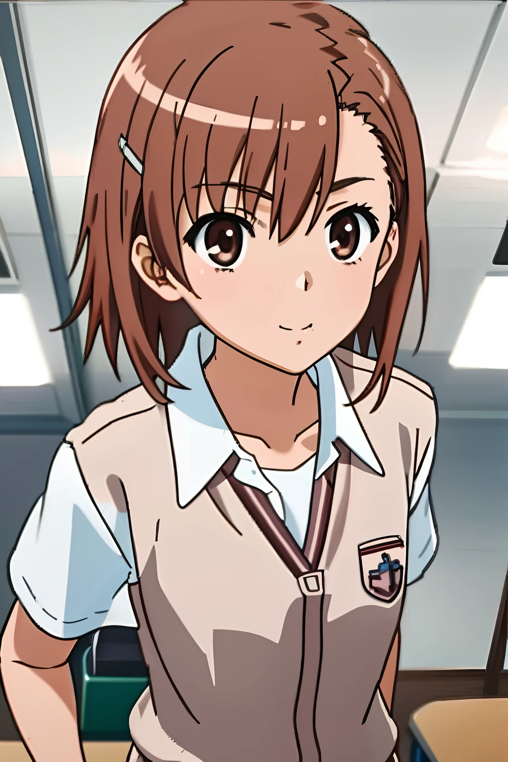 masterpiece, best quality, misaka_mikoto, brown eyes, short_hair, small_breast, looking at viewer, solo, closed_mouth, collared_shirt, school_uniform, shirt, white_shirt, classroom
