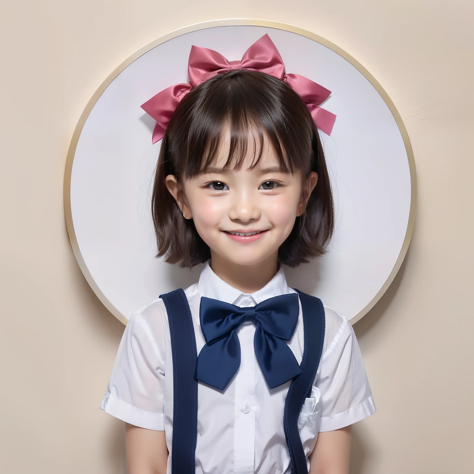 Modern style, white background, kids ID photo, cute, smiling girl, dark eyes, short hair, bow tie, clear