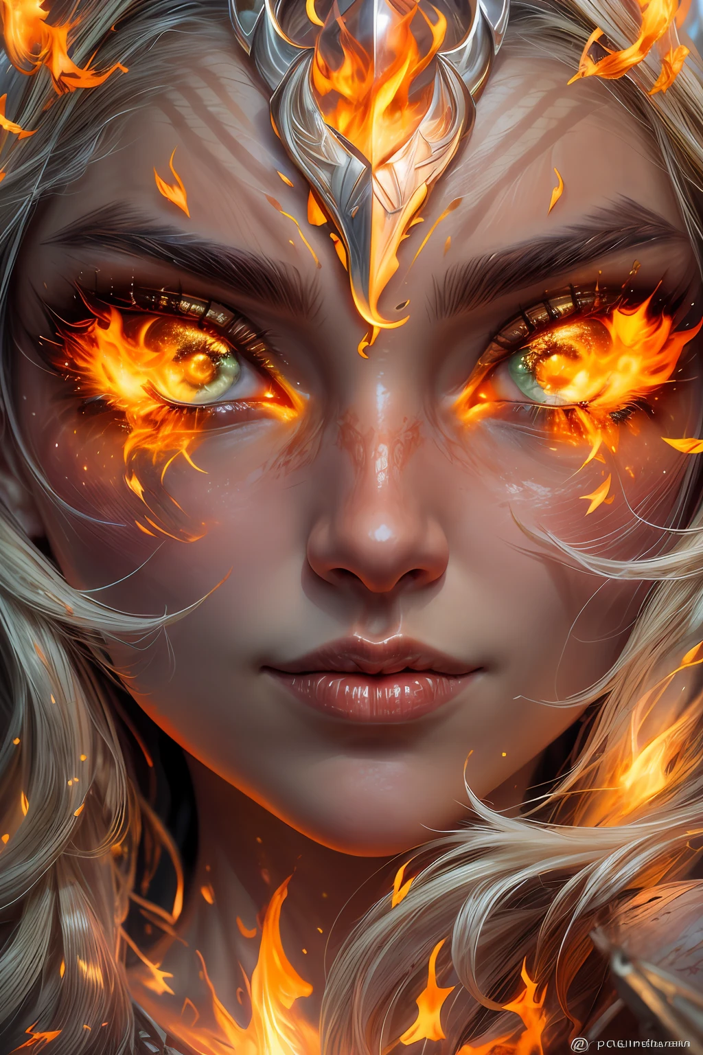 This (realistic fantasy) art contains embers, real flames, real heat, and realistic fire. Generate a masterpiece artwork of a  female fire druid with large (((orange and gold))) eyes. The fire druid is awe-inspiring with beautiful ((realistic fiery eyes)) alight with confidence and power. Her features are elegant and well defined, with ((soft)) and (((puffy))) and (((smooth))) lips, elven bone structure, and realistic shading. Her eyes are important and should be the focal point of this artwork, with ((extremely realistic details, macro details, and shimmer.)) She is wearing a billowing and glittering gown ((made of realistic flames)) and jewels that glimmer in the fire light. Wisps of fire and smoke line the intricate bodice of the dress. Include bumps, stones, fiery iridescence, glowing embers, silk and satin and leather, an interesting background, and heavy fantasy elements. Camera: Utilize dynamic composition techniques to enhance the realistic flames.