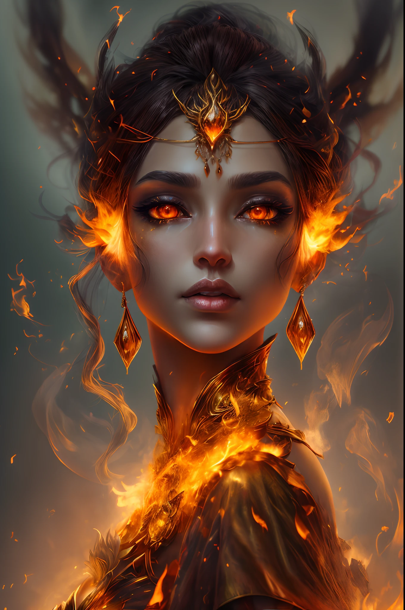 هذا (خيال واقعي) الفن يحتوي على الجمر, النيران الحقيقية, الحرارة الحقيقية, و realistic fire. Generate a masterpiece artwork of a  female fire druid مع large (((orange و gold))) عيون. The fire druid is awe-inspiring مع beautiful ((realistic fiery عيون)) alight مع confidence و power. Her features are elegant و well defined, مع ((ناعم)) و (((سمين))) و (((سلس))) شفه, هيكل العظام الجان, و realistic shading. Her عيون are important و should be the focal point of this artwork, مع ((تفاصيل واقعية للغاية, تفاصيل الماكرو, و shimmer.)) She is wearing a billowing و glittering gown ((مصنوعة من النيران واقعية)) و jewels that glimmer in the fire light. Wisps of fire و smoke line the intricate bodice of the dress. تشمل المطبات, الحجارة, التقزح اللوني الناري, متوهجة الجمر, silk و satin و leather, خلفية مثيرة للاهتمام, و heavy fantasy elements. آلة تصوير: استخدم تقنيات التركيب الديناميكي لتعزيز النيران الواقعية.