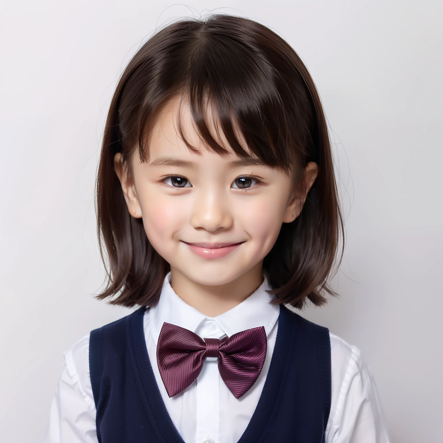 style moderne, fond blanc, photo d’identité des enfants, Mignon, fille souriante, Yeux sombres, Cheveux courts, noeud papillon, clair