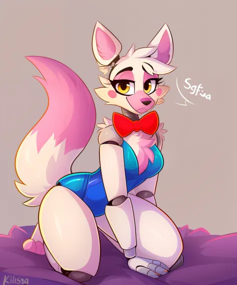 Mangle_(fnaf), manglefnaf, furry female, anthro, fox girl, bowtie, kneeling over the bed, cute pose, portrait, tranquil, solo, (body fur:1.2), (best quality), (simple bedroom background:1.2), (detailed fluffy fur:1.1), looking at viewer, tail, thumbs, pink...