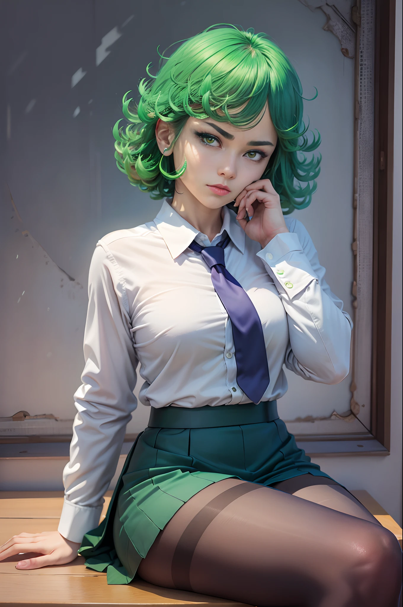 (masterpiece, best quality:1.2), solo, 1girl, tatsumaki, unamused, closed mouth, looking at viewer, hand on own face, sitting, crossed legs, collared shirt, necktie, skirt, pantyhose