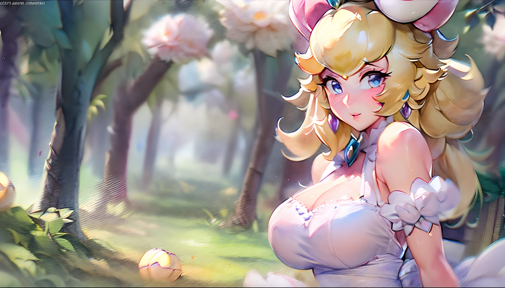 (Princess Peach:1.5),(sexy maid:1.2),(magical forest:1.2),(cutesexyrobutts:1.2),(RossDraw 2.5:1.1),(KDA:1.1),(WLOP:1.1),(Sakimichan:1.1),(watercolor:1.2)