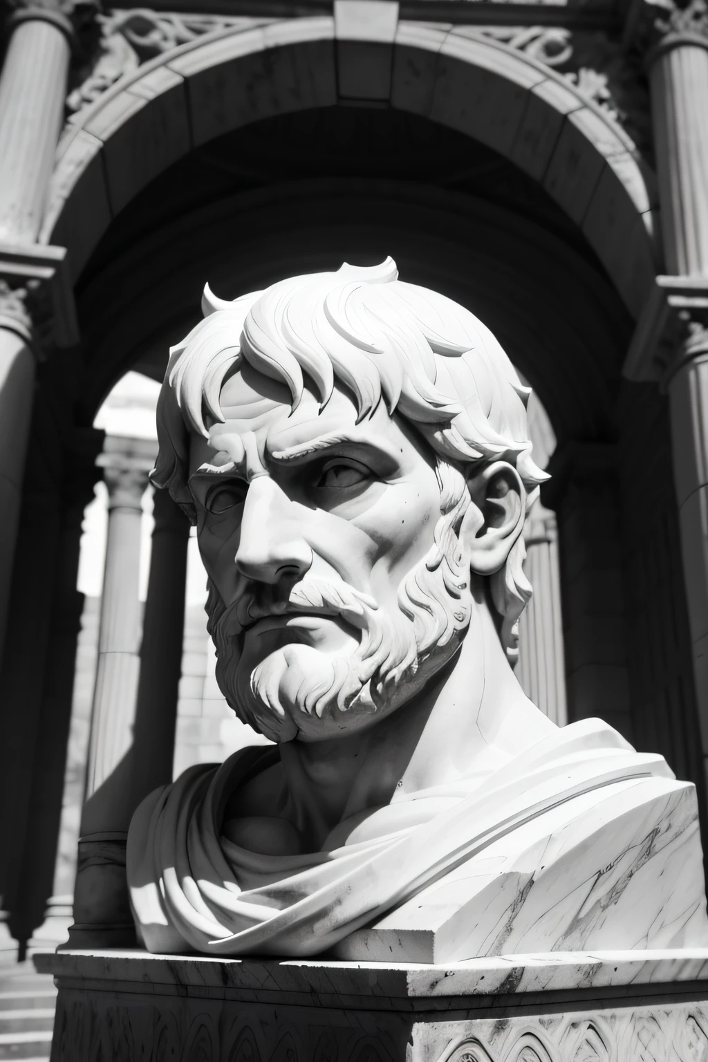 "Marble sculpture portrait of the Roman Stoic philosopher Seneca, in front of the ruins of an ancient library. Seneca has enigmatic features and wrinkles of wisdom, vestindo uma toga romana. The sculpture is dramatically illuminated by rays of light against the shadows of the ruins in the background. The image evokes the resilience of Seneca's writings through the centuries. The scene has epic cinematography, in monochrome tones, como uma fotografia em preto e branco."