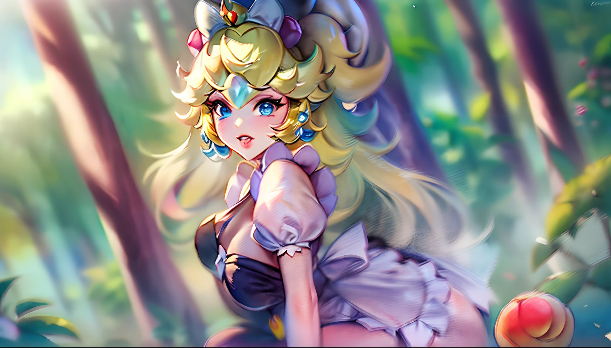 (Princesa Peach:1.5),(sirvienta sexy:1.2),(bosque magico:1.2),(lindosexyrobutts:1.2),(Rossdraw 2.5:1.1),(kda:1.1),(¡vaya!:1.1),(sakimichan:1.1),(acuarela:1.2)