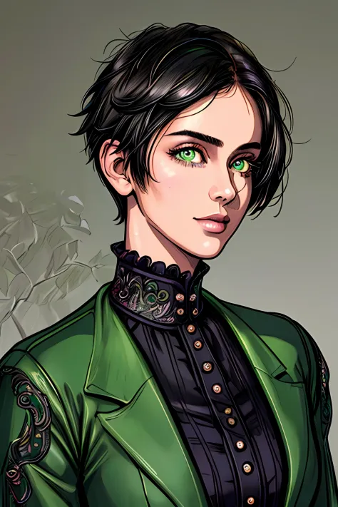 (masterpiece), (best illustration), 1girl, solo, short shaved hair, black hair, vivid green eyes, punk outfit, depth of field, s...