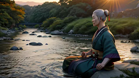 beautiful elderly samurai, meditating sitting, on the edge of a river full of stones, at sunset, ultra realistic photo, perfect ...