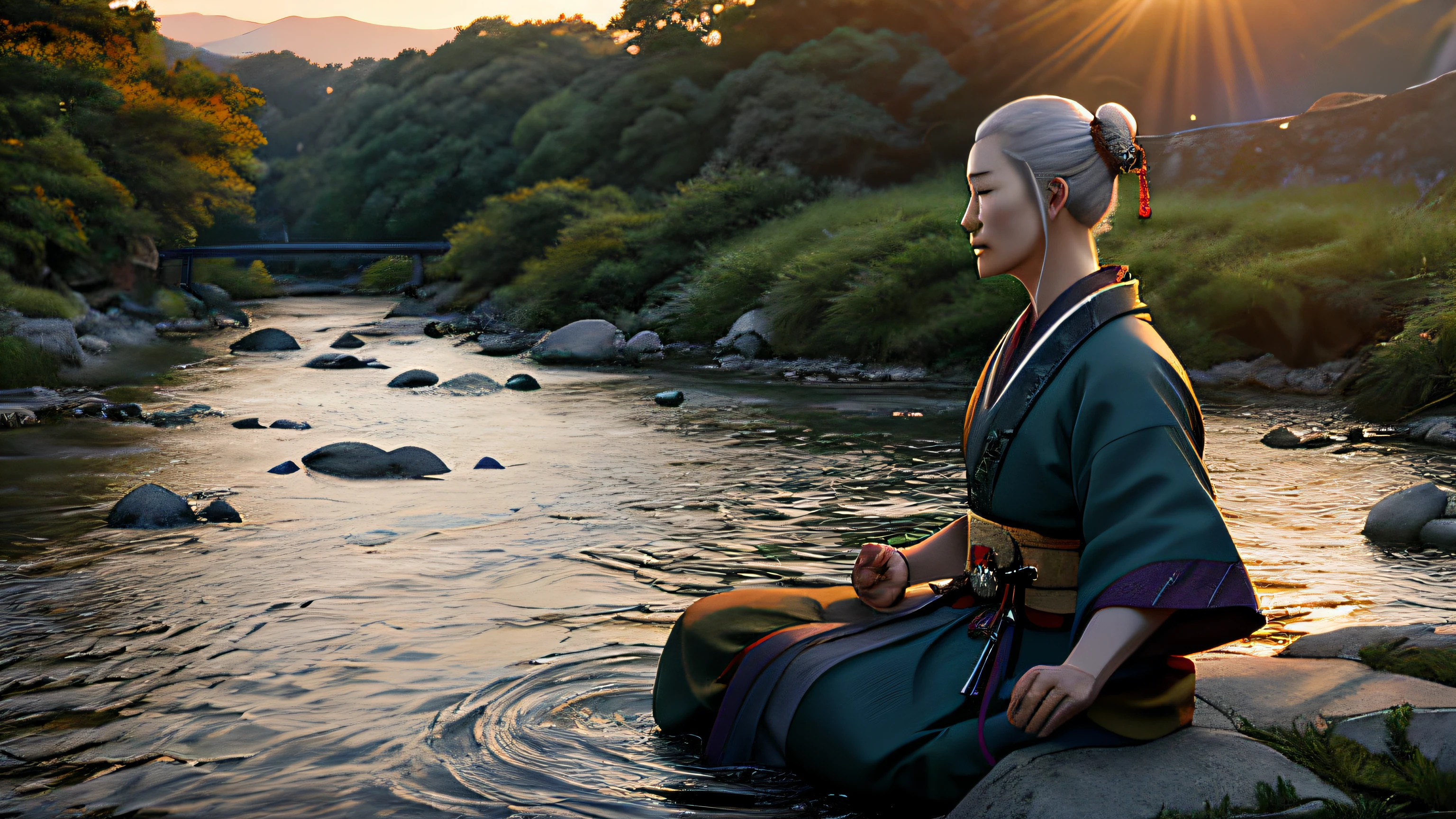 Beautiful Elderly Samurai, Meditating sitting, on the edge of a river full of stones, at sunset, ultra realistic photo, perfect face details, good skin texture, perfect shadows and light, award winning photo.