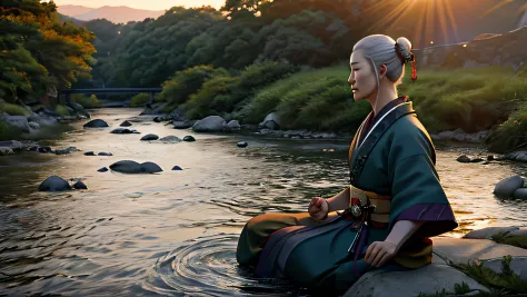 beautiful elderly samurai, meditating sitting, on the edge of a river full of stones, at sunset, ultra realistic photo, perfect ...