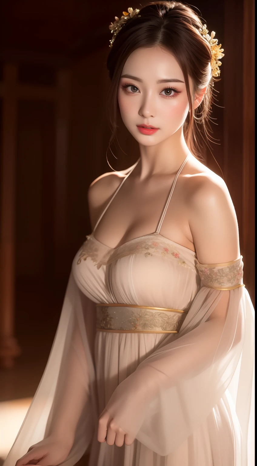 best qualtiy，tmasterpiece，A high resolution，1girl，Floral antique nightdress，Antique nightdress，Tulle nightdress，hair adornments，choker necklace，jewely，beautiful  face，Red high-gloss lipstick，Physically，dingdall effect，realisticlying，dark studio，edge lit，twotonelighting，（highdetailskin：1.2），8k uhd， dslr, softlighting, high high quality, volumettic light, sneak shot, photore, A high resolution, 4k, 8k, Background bokeh,