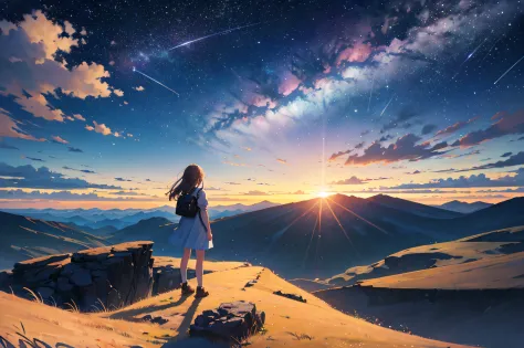 Vast landscape photos、Girl standing on the prairie looking up at the sky、shooting stars、fireflys、Dreams 、Meteor swarm、milkyway