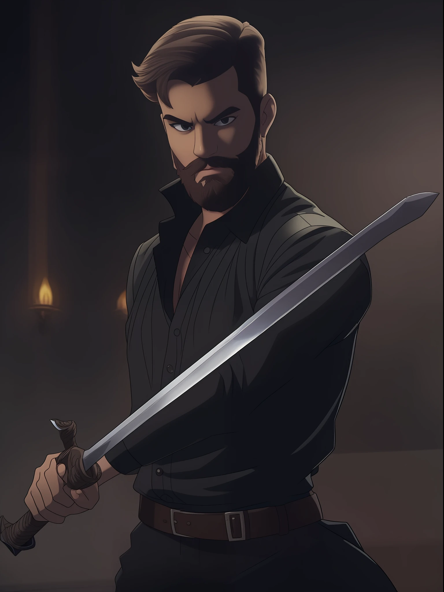 A young man with a beard, short hair, in a black blouse, fearless pose, sword in hand, in a dark setting, Disney Classic Style