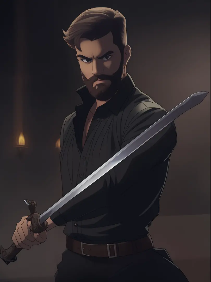 a young man with a beard, short hair, in a black blouse, fearless pose, sword in hand, in a dark setting, disney classic style