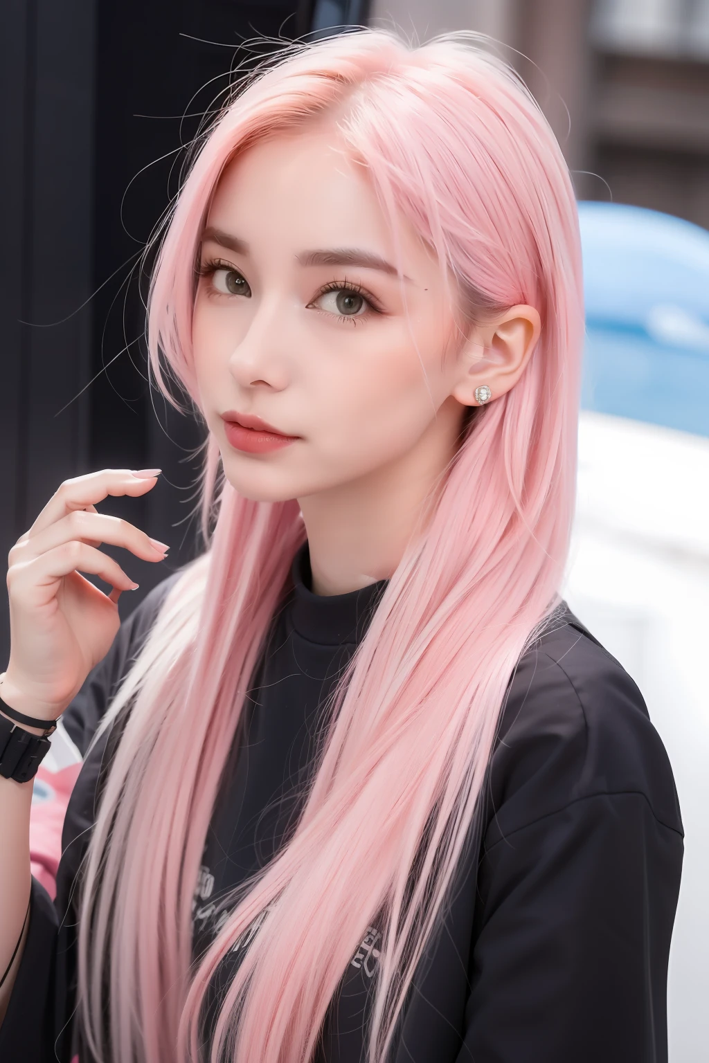 Girl with pink hair， looks into camera，high qulity